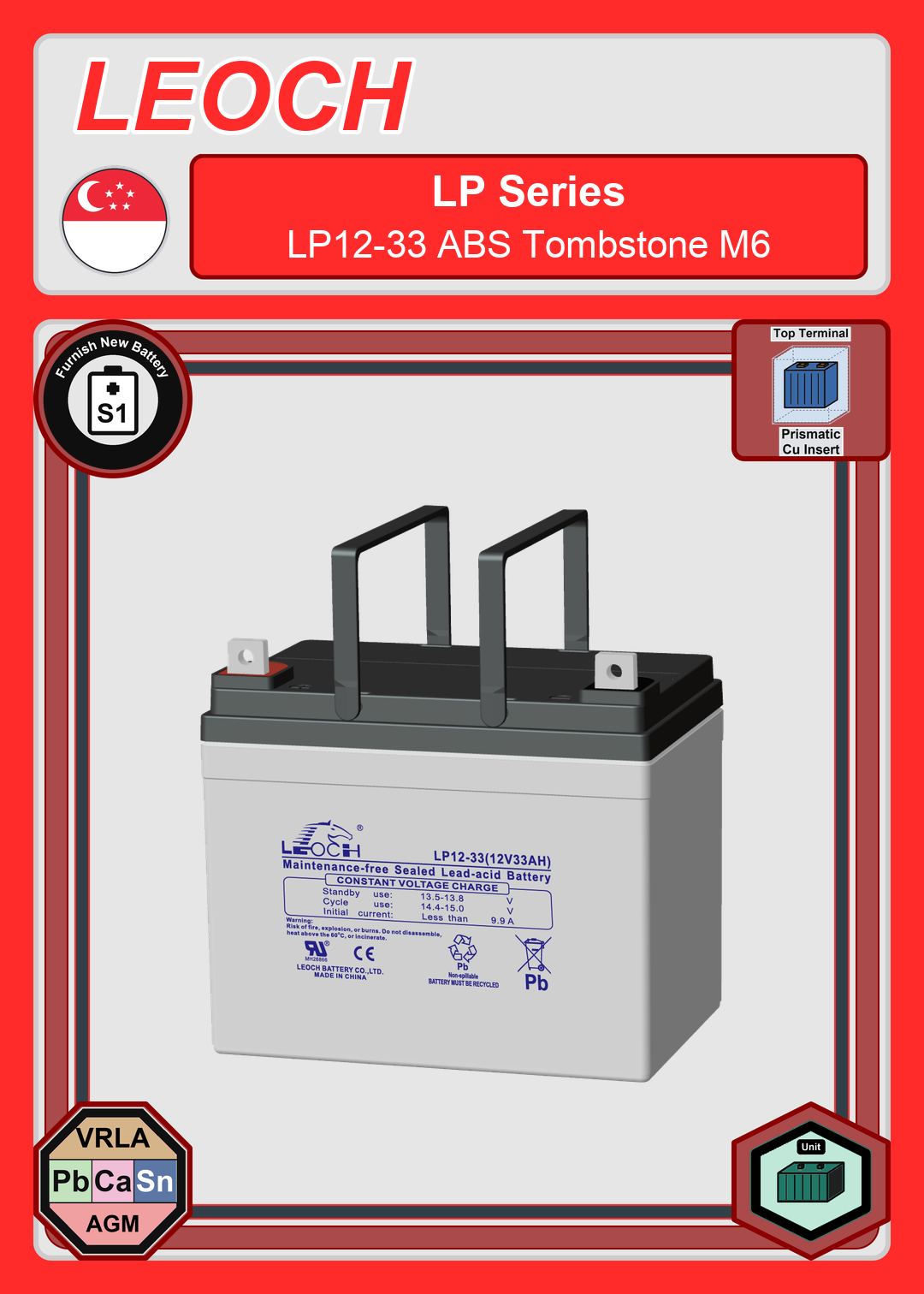 Furnish New Battery Leoch Battery LP Series LP12 33 ABS Tombstone M6