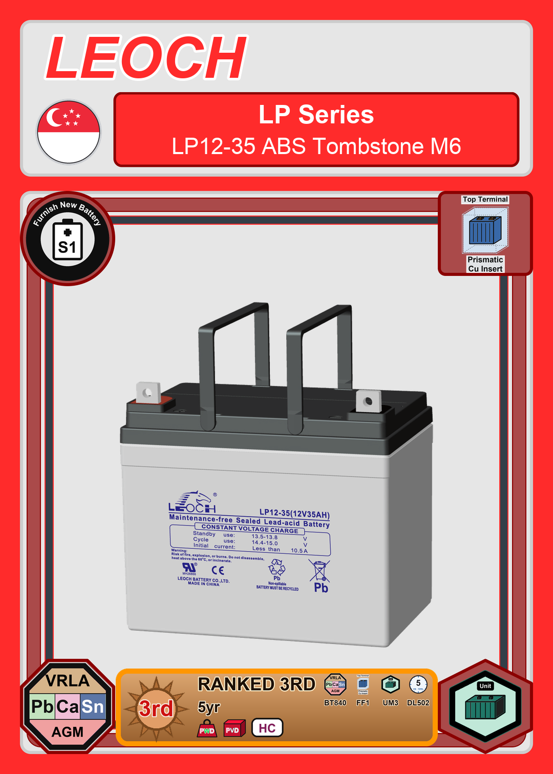 Furnish New Battery Leoch Battery LP Series LP12 35 ABS Tombstone M6