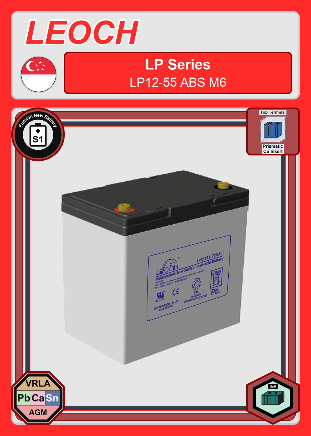 Furnish New Battery Leoch Battery LP Series LP12 55 ABS M6