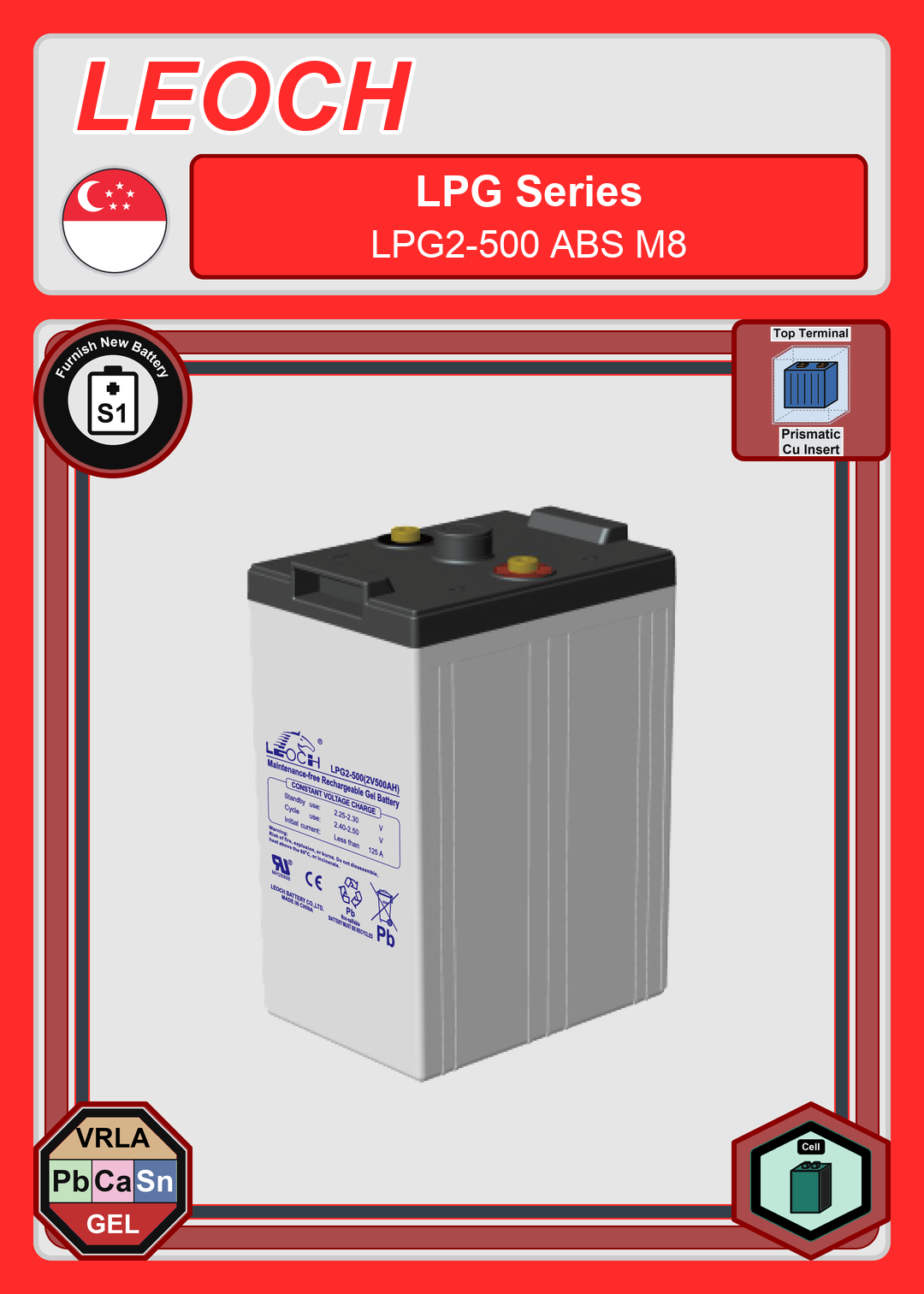 Furnish New Battery Leoch Battery LPG Series LPG2 500 ABS M8