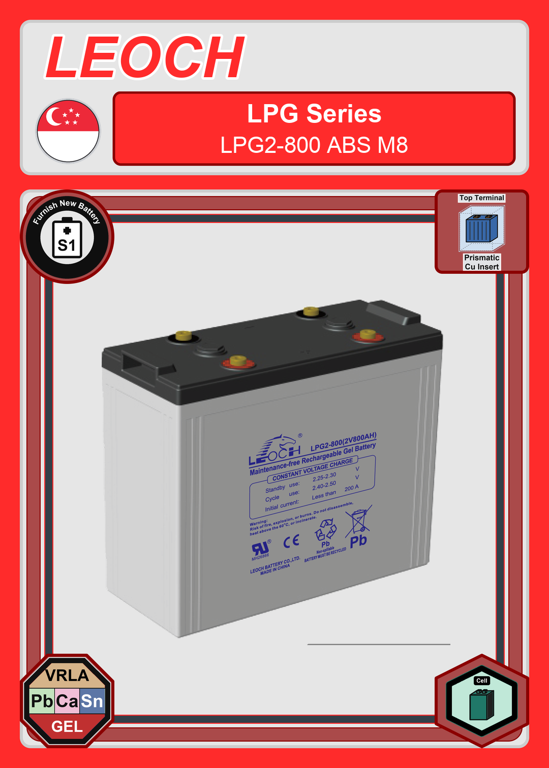 Furnish New Battery Leoch Battery LPG Series LPG2 800 ABS M8