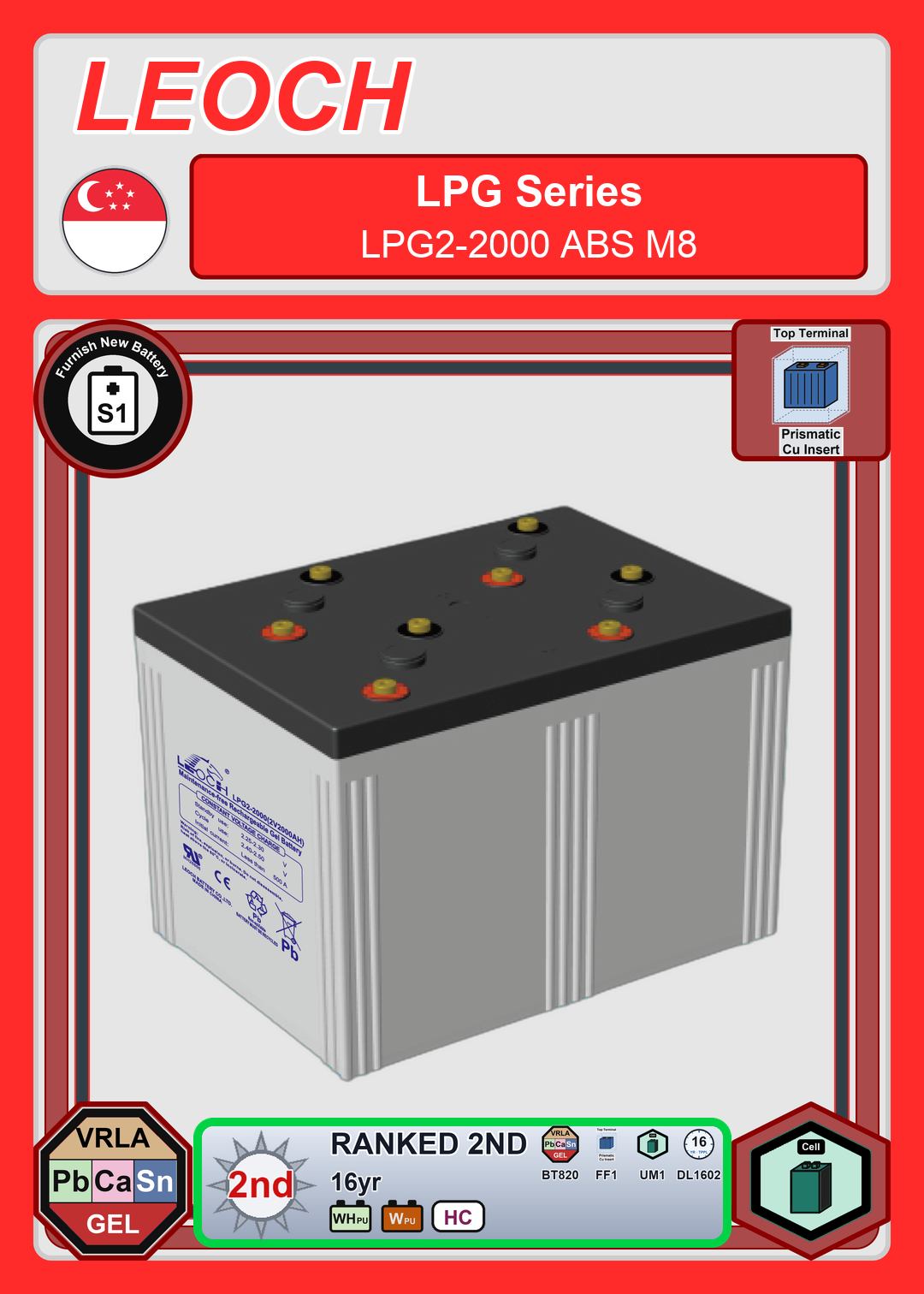 Furnish New Battery Leoch Battery LPG Series LPG2 2000 ABS M8