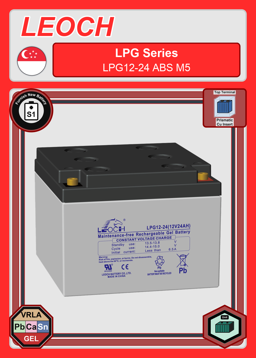 Furnish New Battery Leoch Battery LPG Series LPG12 24 ABS M5