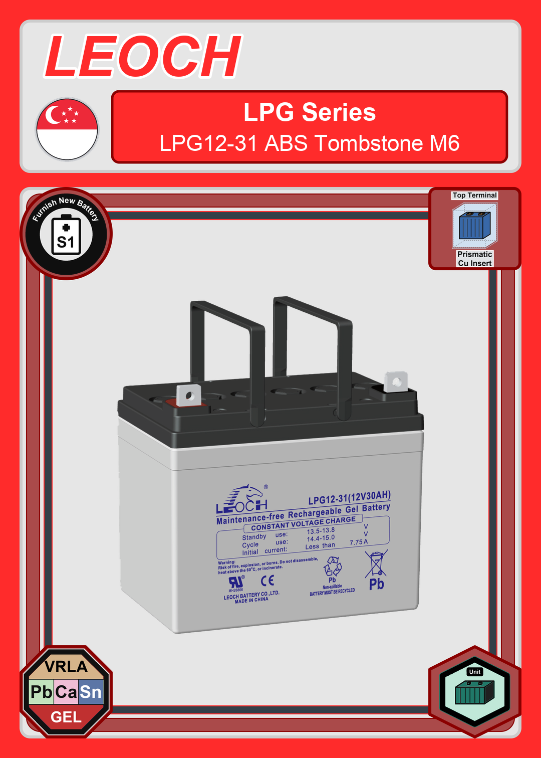 Furnish New Battery Leoch Battery LPG Series LPG12 31 ABS Tombstone M6