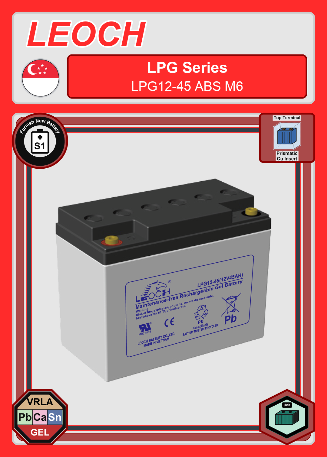 Furnish New Battery Leoch Battery LPG Series LPG12 45 ABS M6