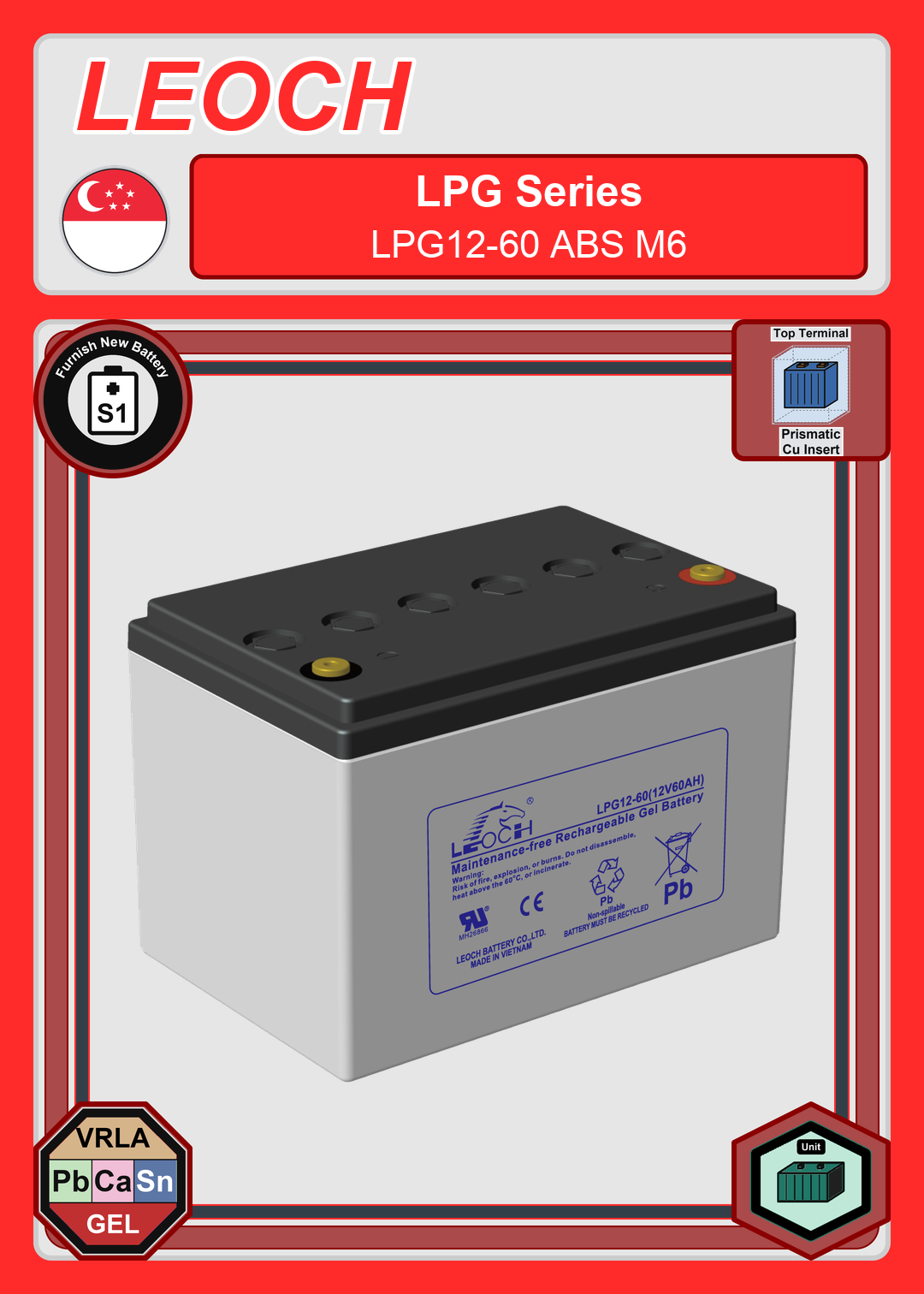 Furnish New Battery Leoch Battery LPG Series LPG12 60 ABS M6