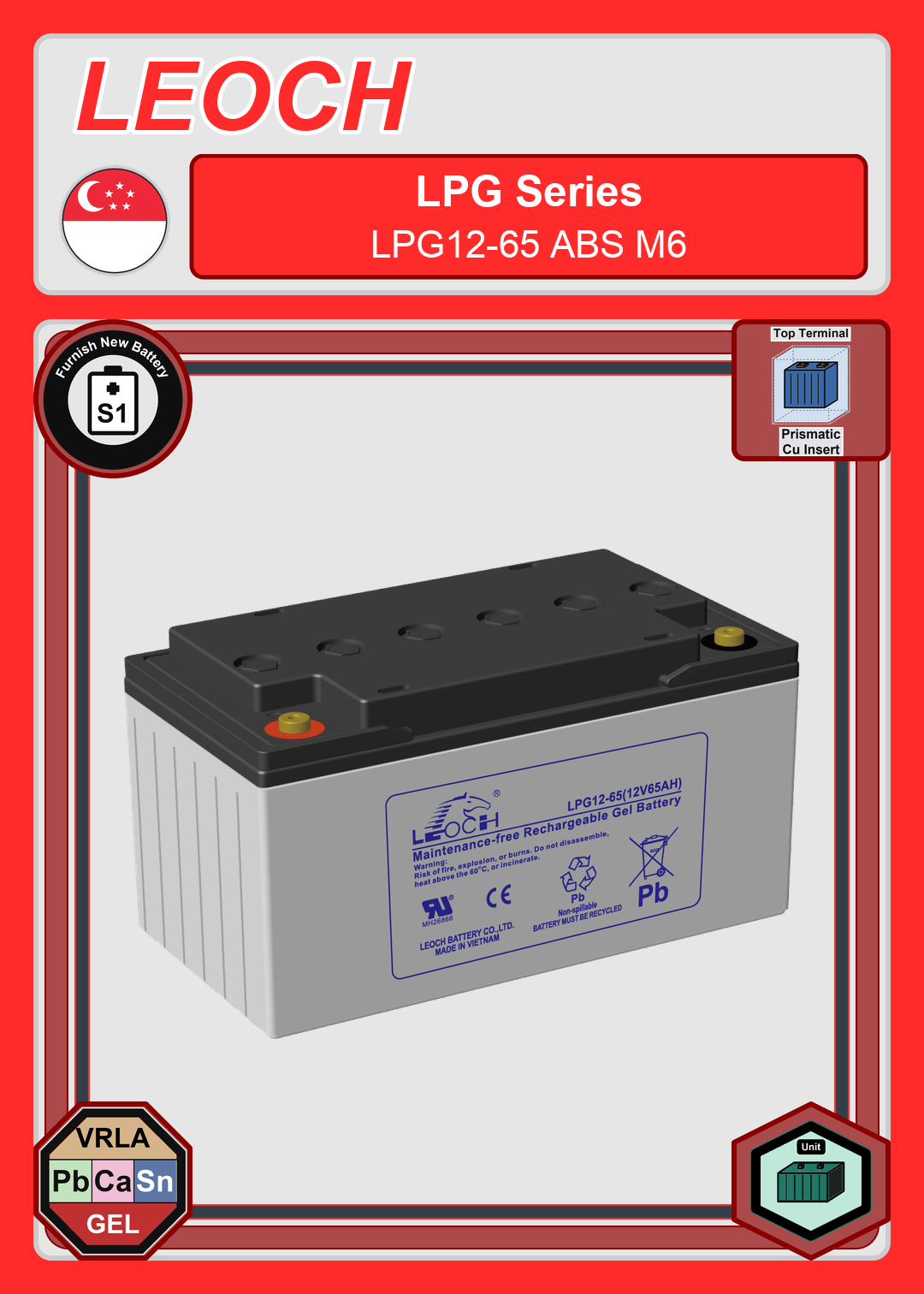 Furnish New Battery Leoch Battery LPG Series LPG12 65 ABS M6
