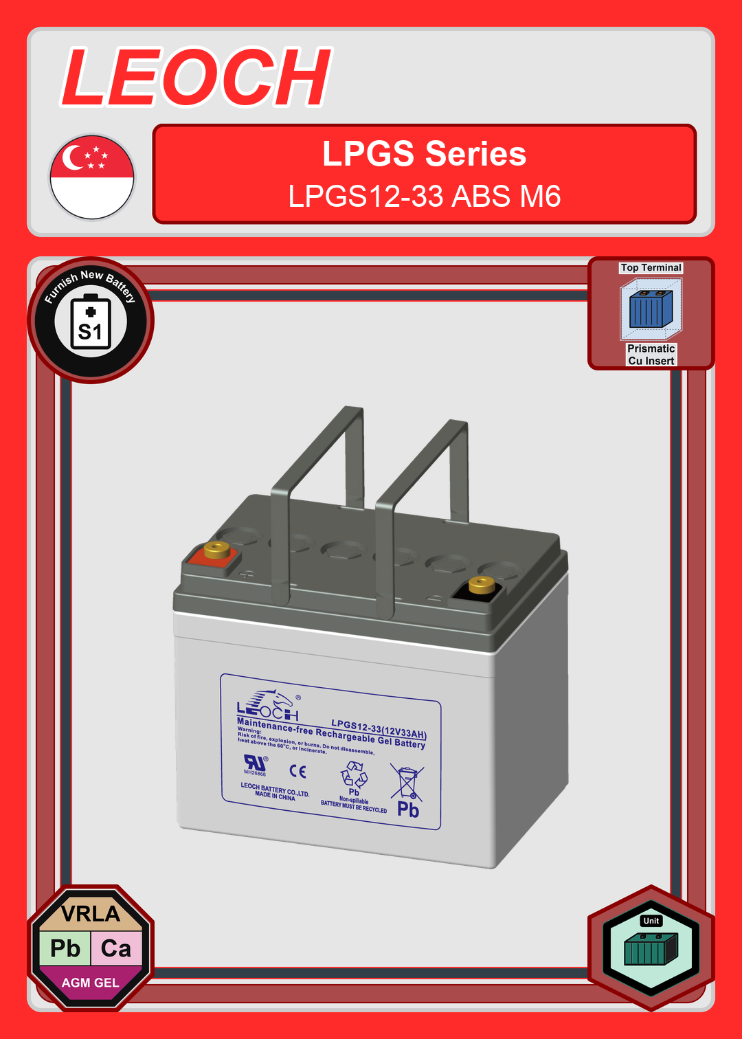 Furnish New Battery Leoch Battery LPGS Series LPGS12 33 ABS M6