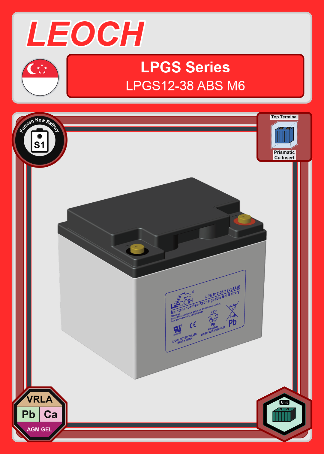 Furnish New Battery Leoch Battery LPGS Series LPGS12 38 ABS M6