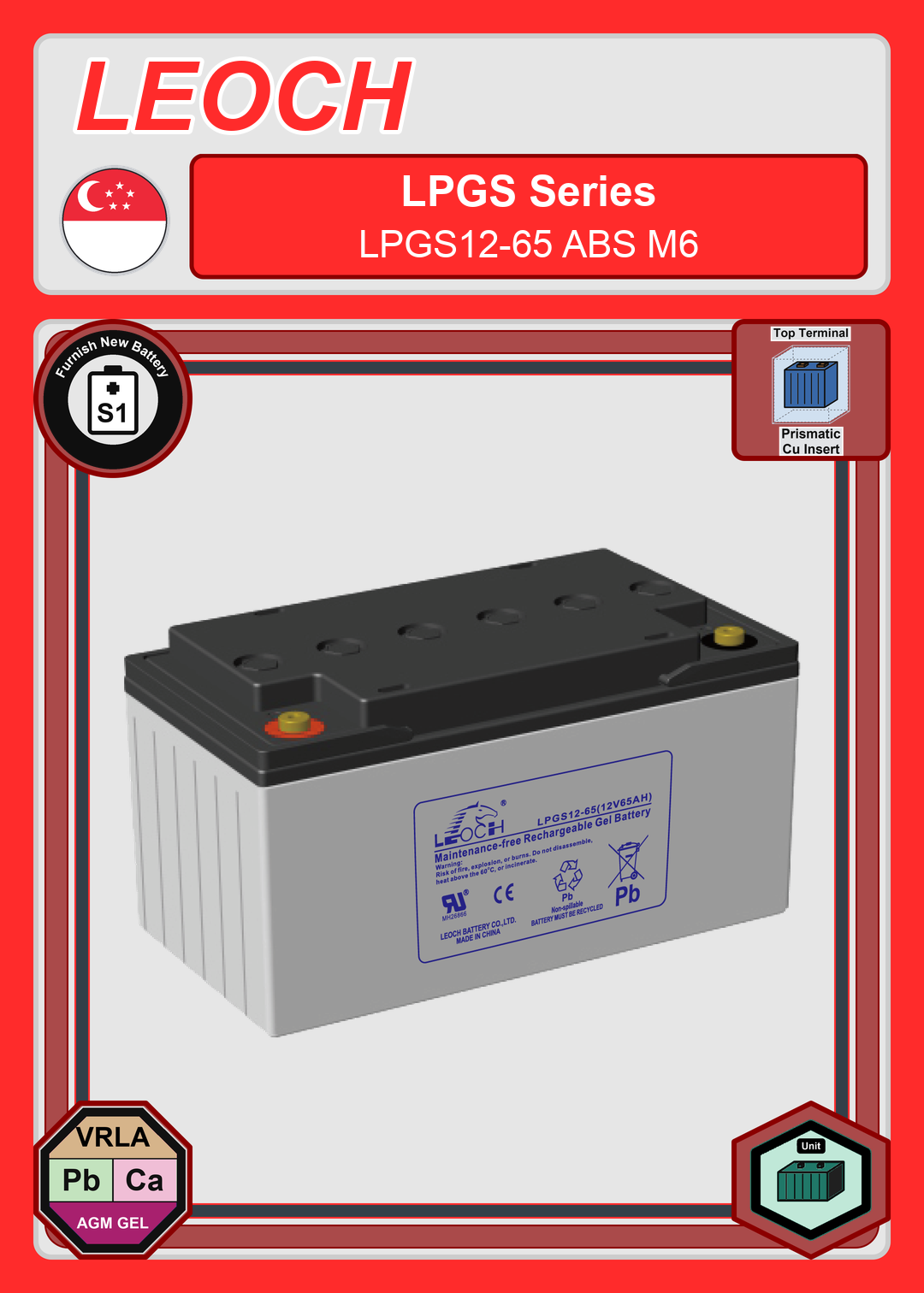 Furnish New Battery Leoch Battery LPGS Series LPGS12 65 ABS M6