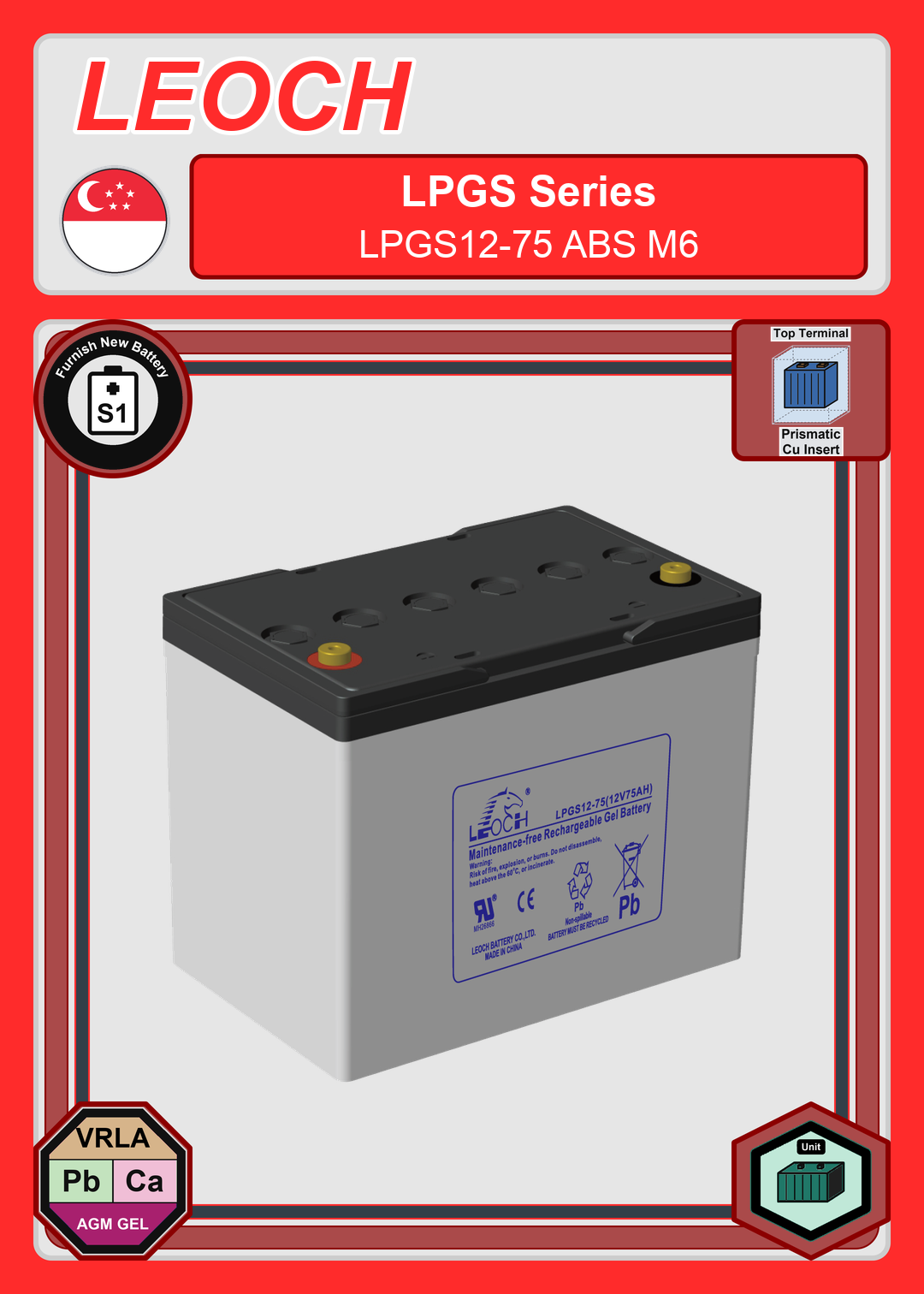 Furnish New Battery Leoch Battery LPGS Series LPGS12 75 ABS M6