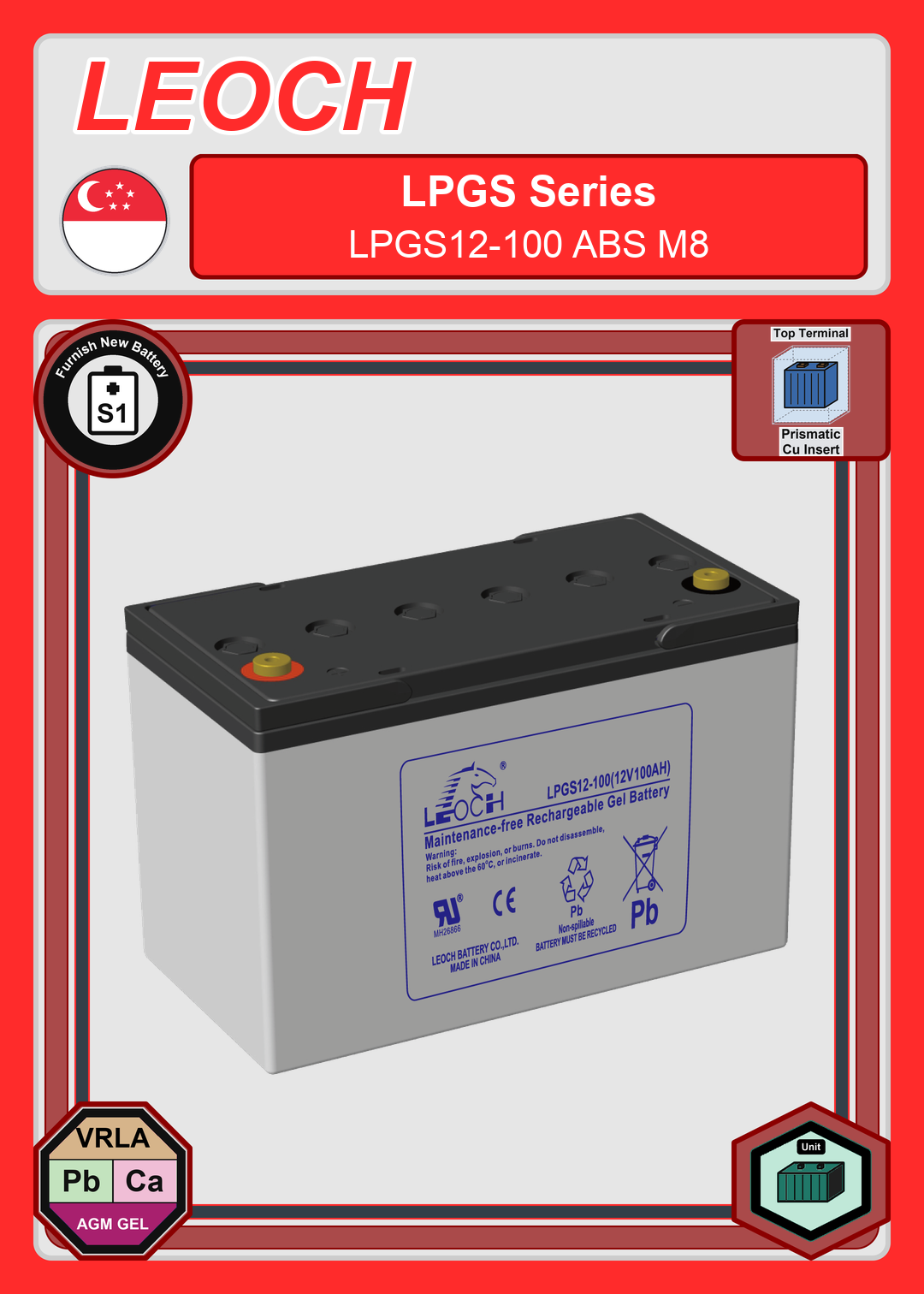 Furnish New Battery Leoch Battery LPGS Series LPGS12 100 ABS M8