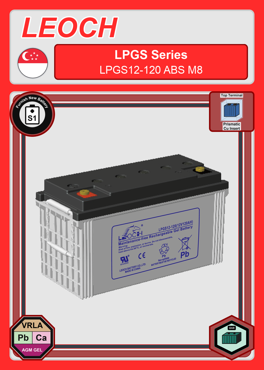 Furnish New Battery Leoch Battery LPGS Series LPGS12 120 ABS M8