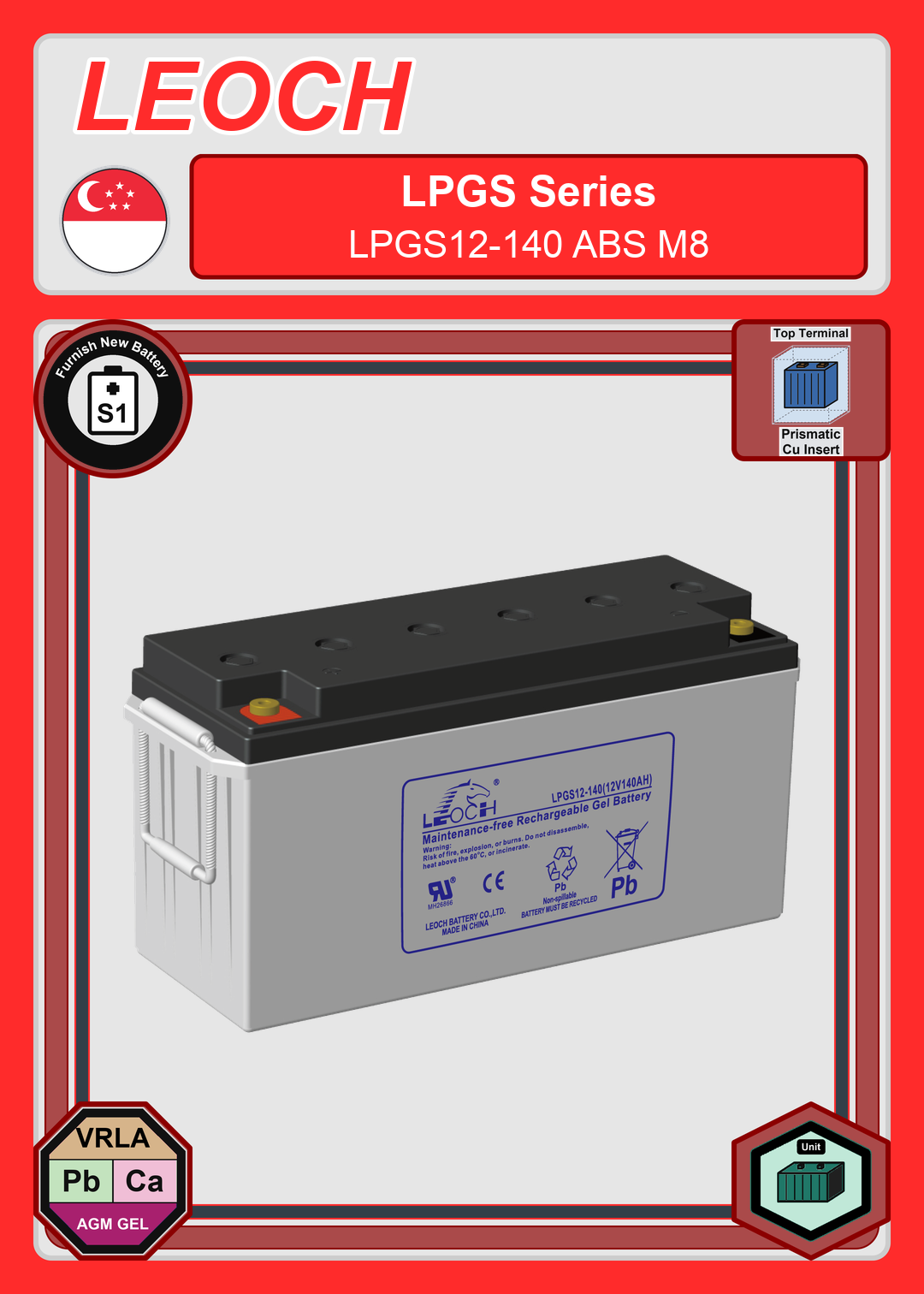 Furnish New Battery Leoch Battery LPGS Series LPGS12 140 ABS M8