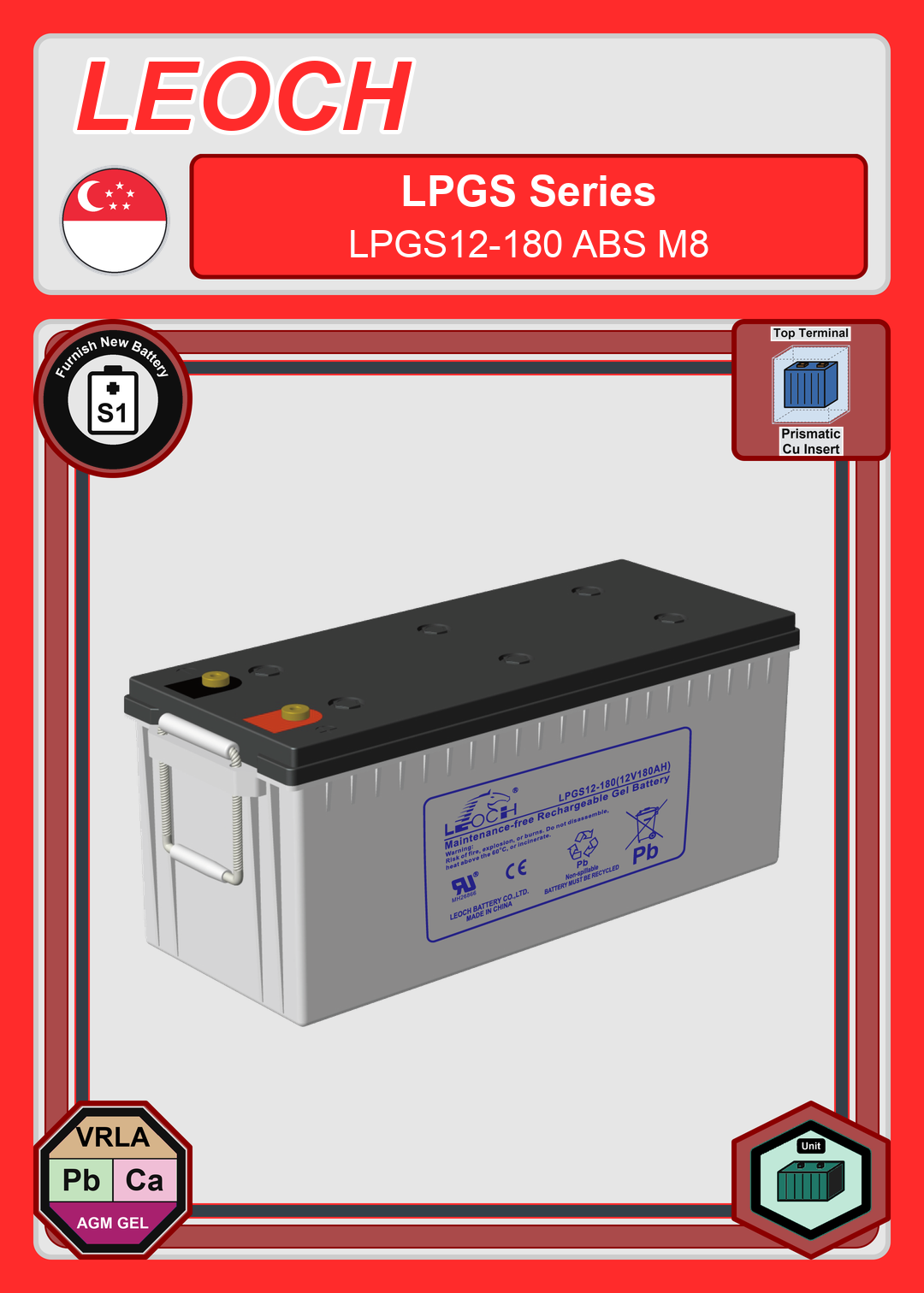 Furnish New Battery Leoch Battery LPGS Series LPGS12 180 ABS M8