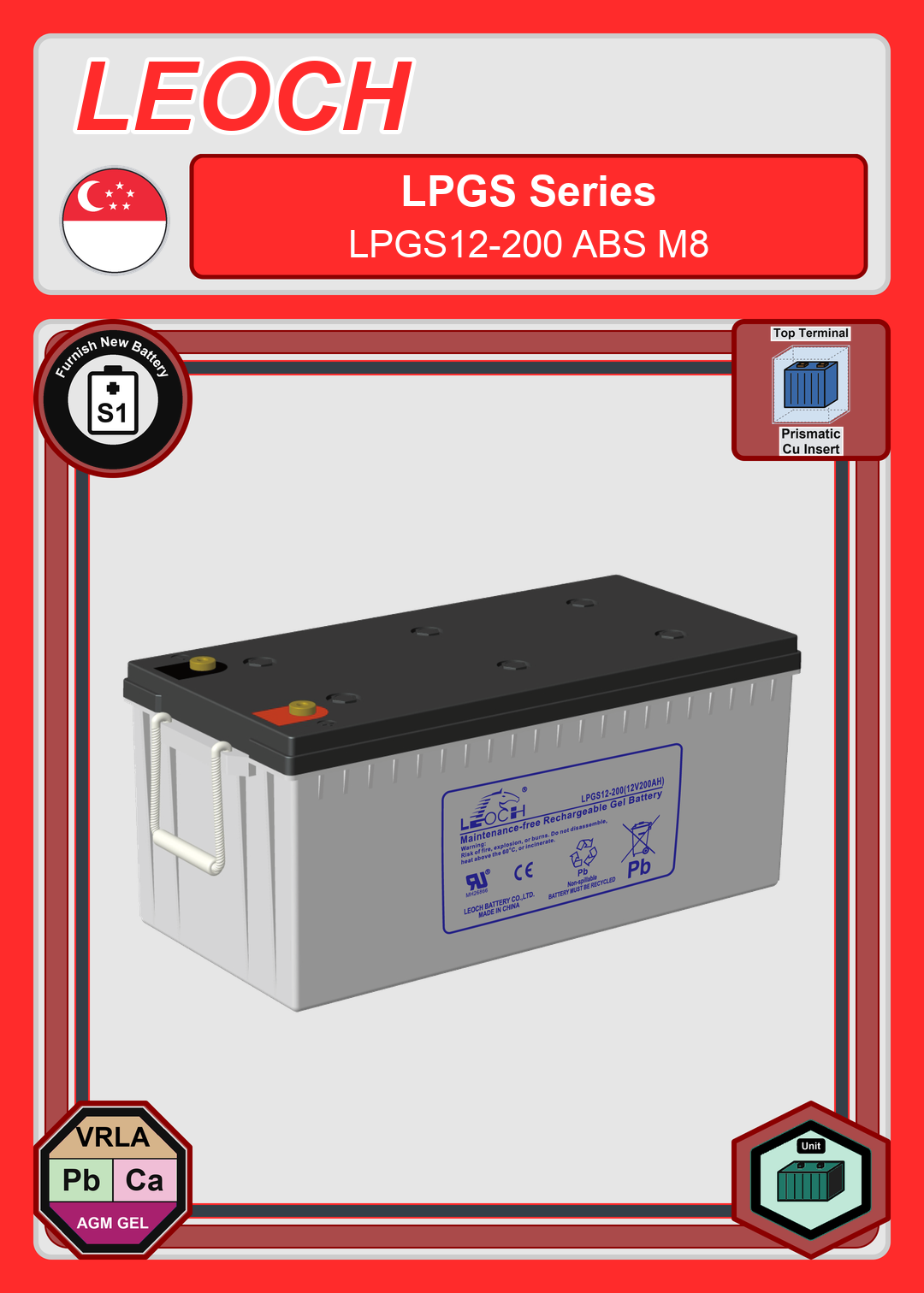 Furnish New Battery Leoch Battery LPGS Series LPGS12 200 ABS M8