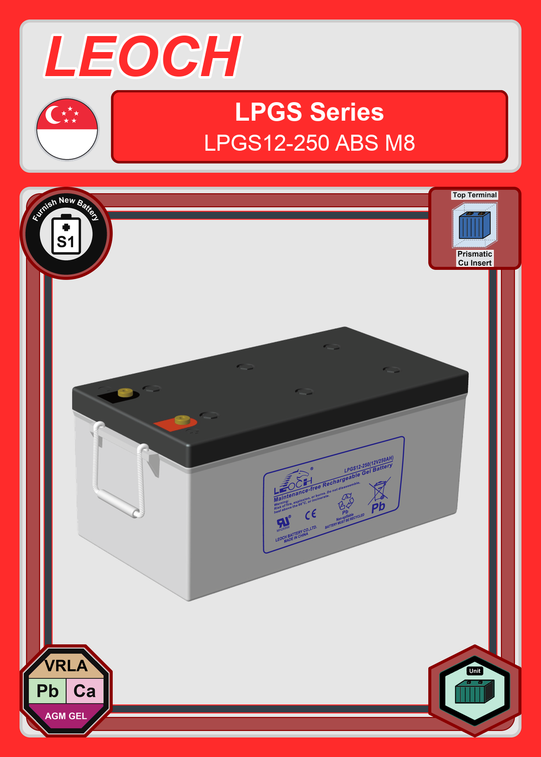 Furnish New Battery Leoch Battery LPGS Series LPGS12 250 ABS M8