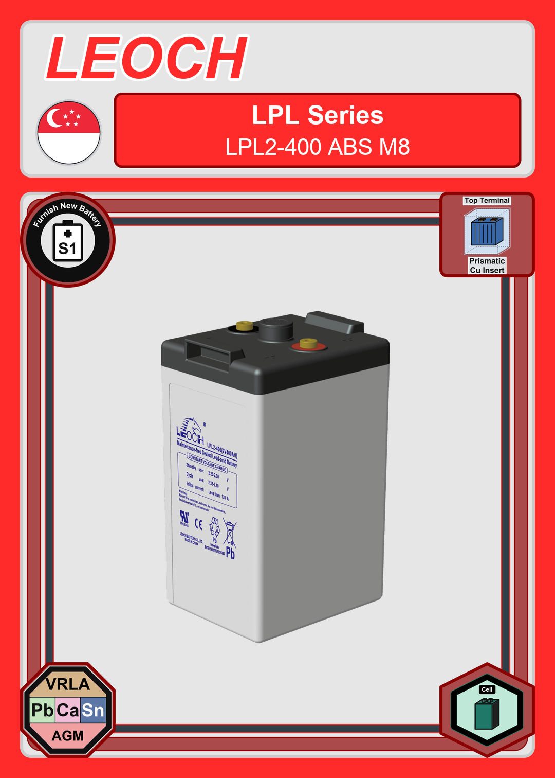 Furnish New Battery Leoch Battery LPL Series LPL2 400 ABS M8