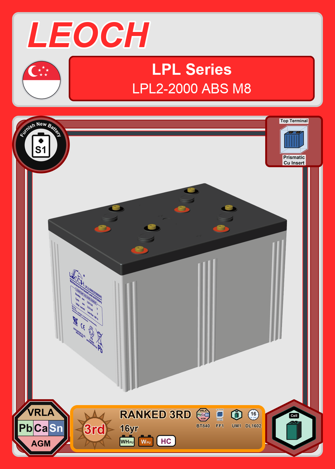 Furnish New Battery Leoch Battery LPL Series LPL2 2000 ABS M8