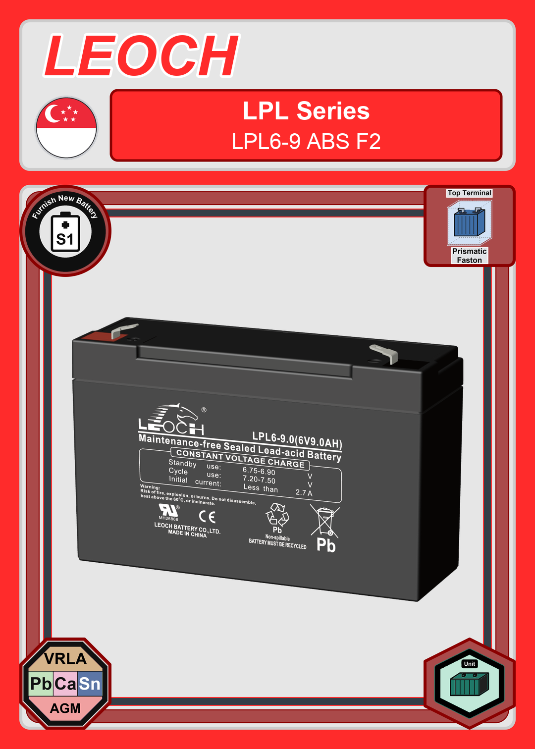 Furnish New Battery Leoch Battery LPL Series LPL6 9 ABS F2