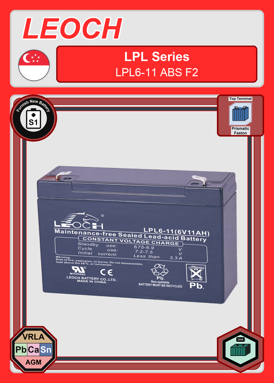 Furnish New Battery Leoch Battery LPL Series LPL6 11 ABS F2