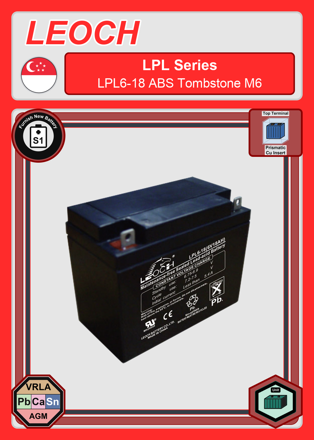 Furnish New Battery Leoch Battery LPL Series LPL6 18 ABS Tombstone M6