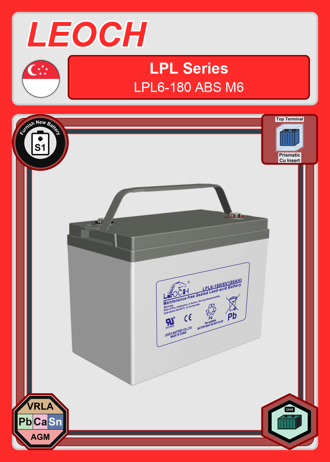 Furnish New Battery Leoch Battery LPL Series LPL6 180 ABS M6