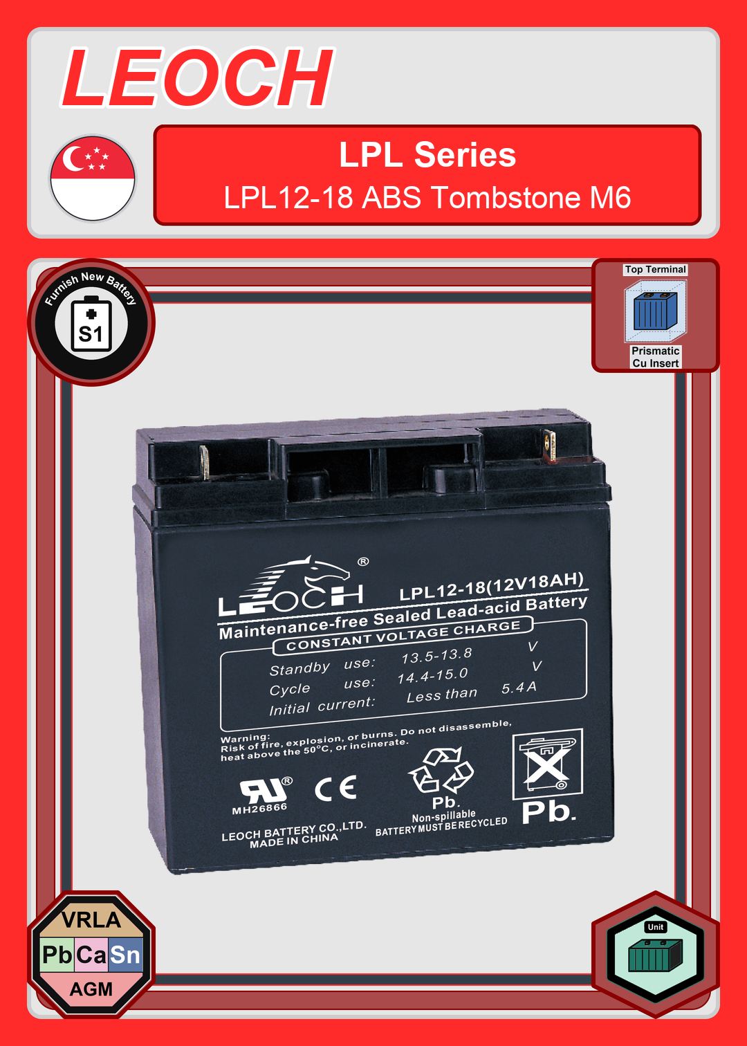 Furnish New Battery Leoch Battery LPL Series LPL12 18 ABS Tombstone M6