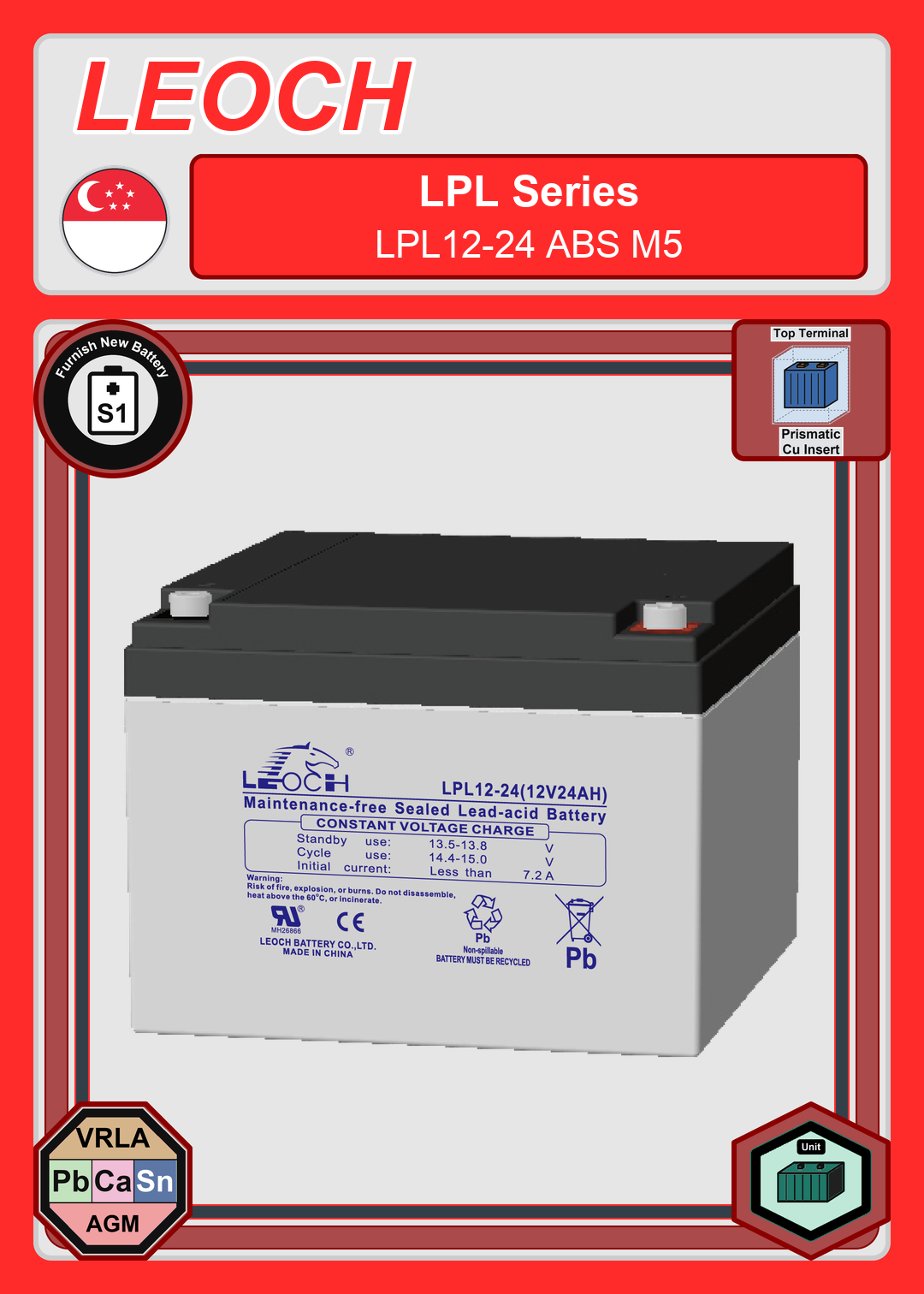 Furnish New Battery Leoch Battery LPL Series LPL12 24 ABS M5