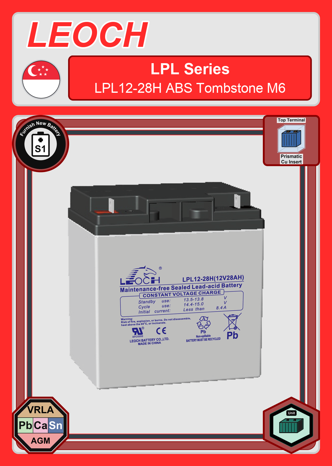 Furnish New Battery Leoch Battery LPL Series LPL12 28H ABS Tombstone M6