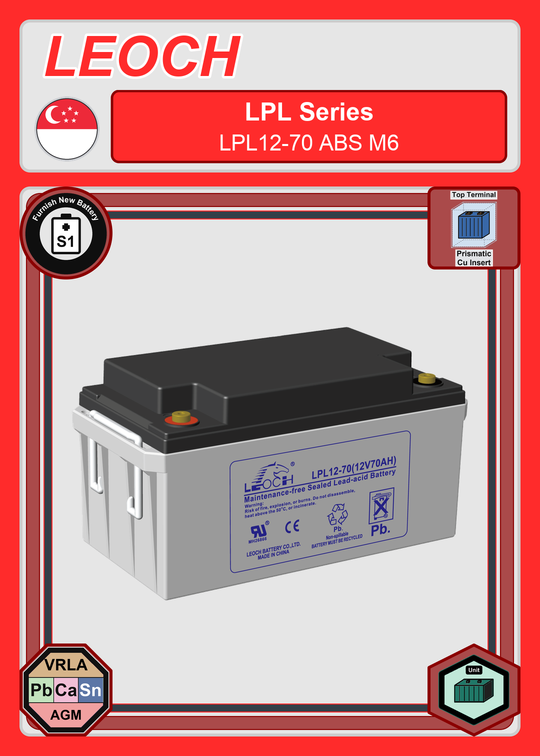 Furnish New Battery Leoch Battery LPL Series LPL12 70 ABS M6