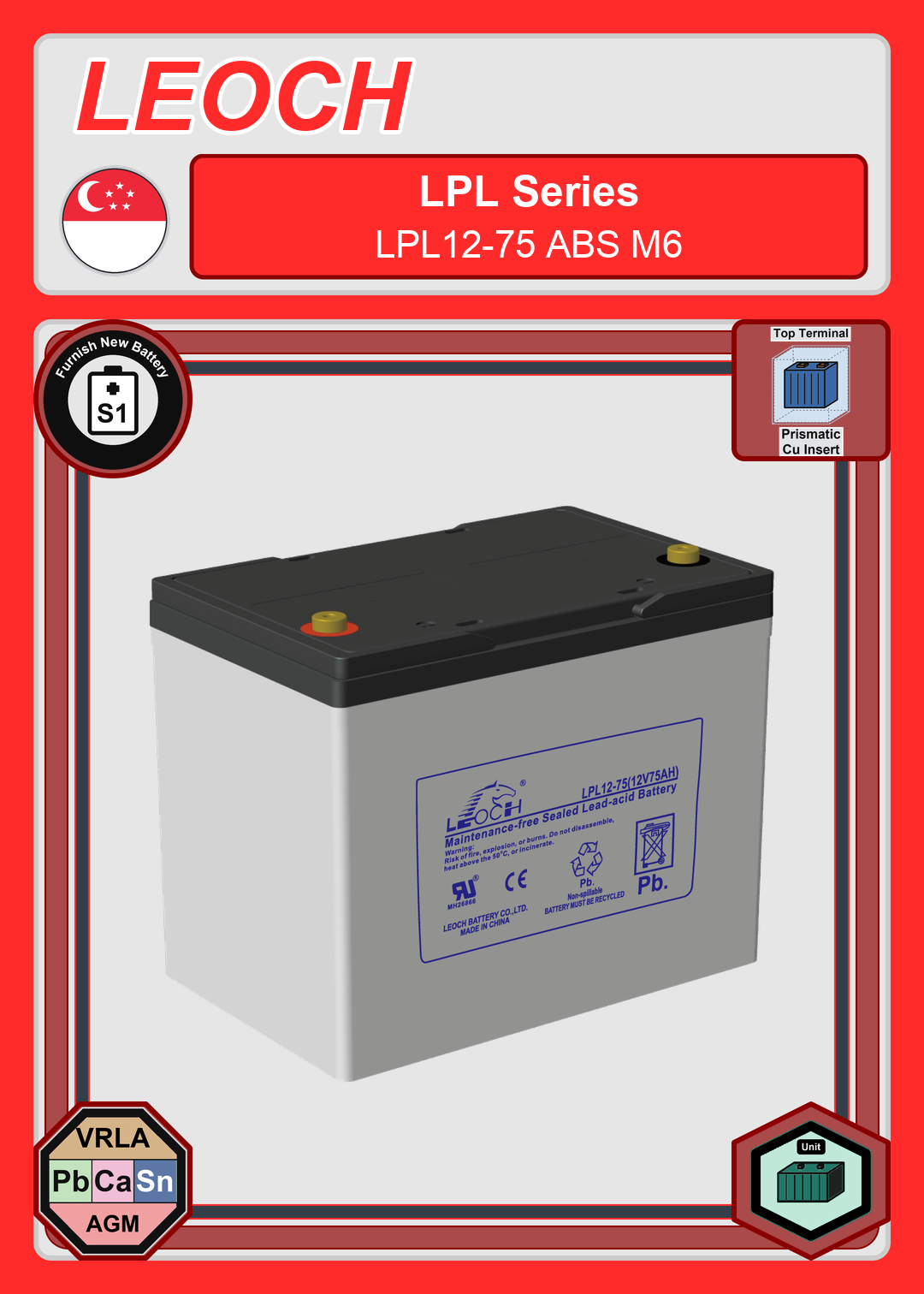 Furnish New Battery Leoch Battery LPL Series LPL12 75 ABS M6
