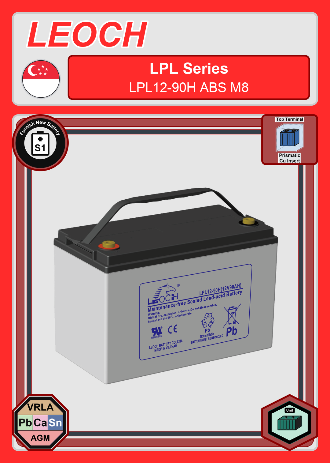 Furnish New Battery Leoch Battery LPL Series LPL12 90H ABS M8
