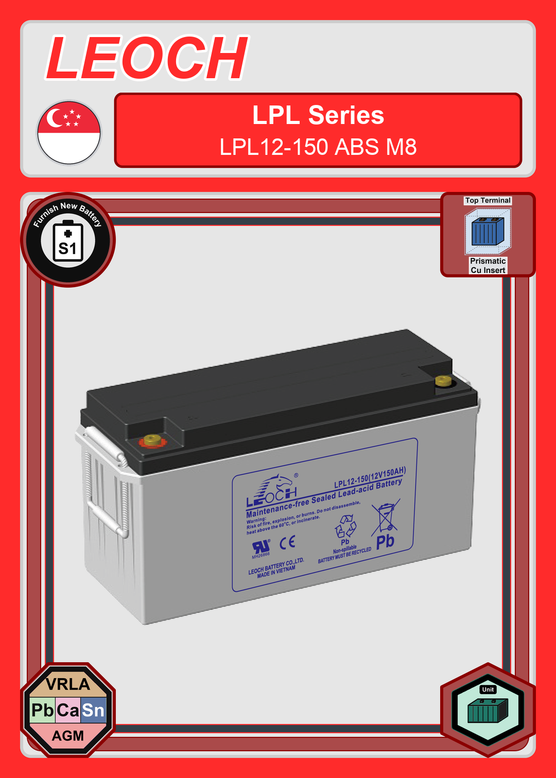 Furnish New Battery Leoch Battery LPL Series LPL12 150 ABS M8