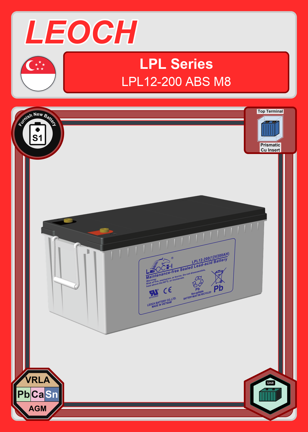 Furnish New Battery Leoch Battery LPL Series LPL12 200 ABS M8