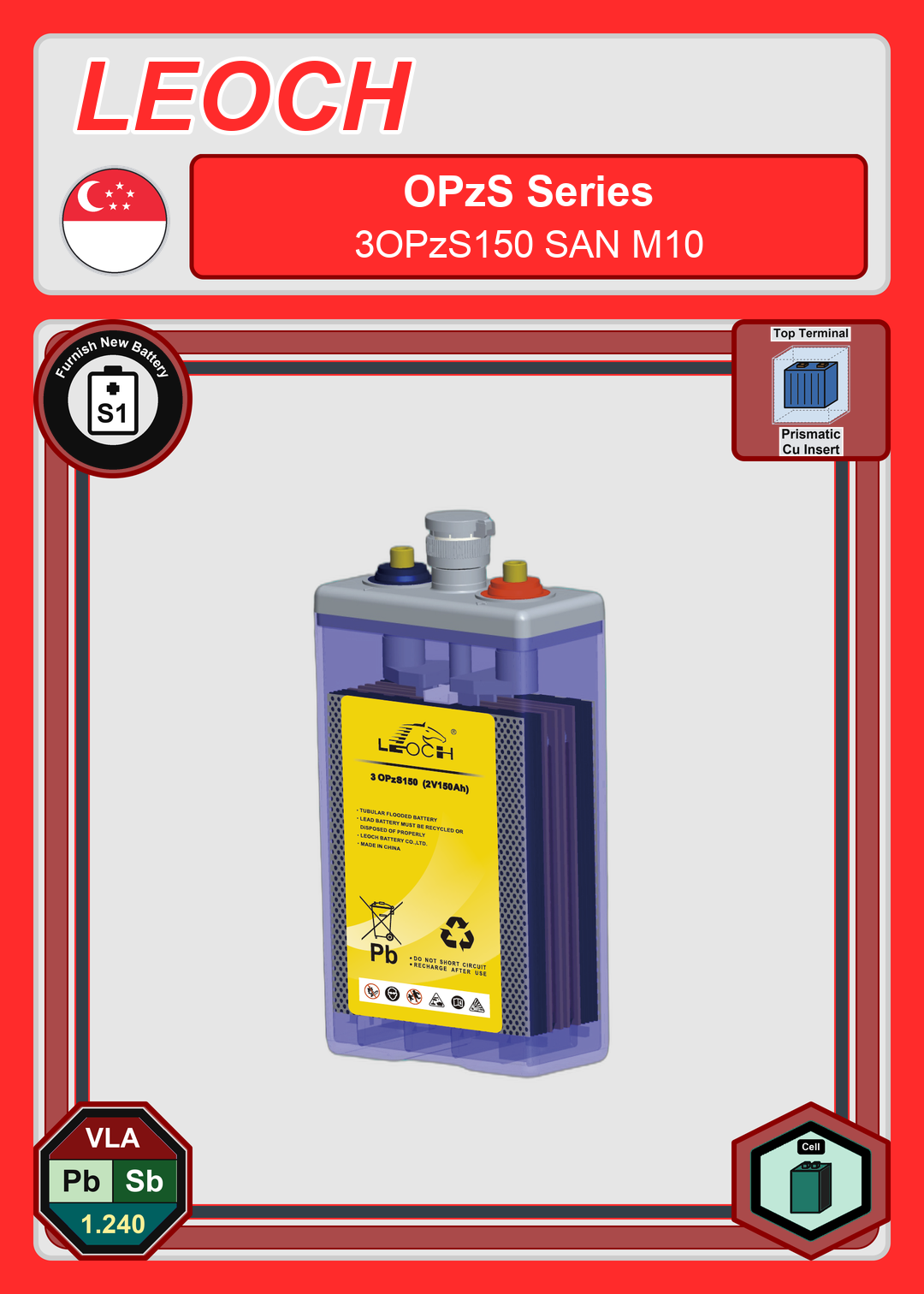 Furnish New Battery Leoch Battery OPzS Series 3OPzS150 SAN M10