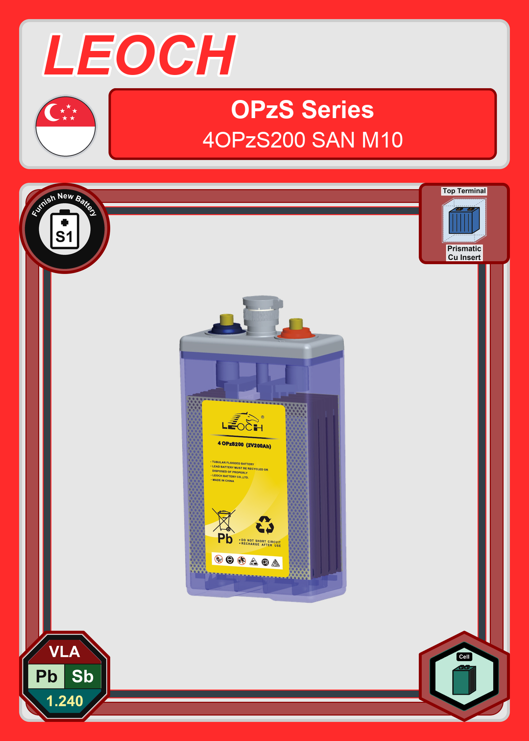 Furnish New Battery Leoch Battery OPzS Series 4OPzS200 SAN M10