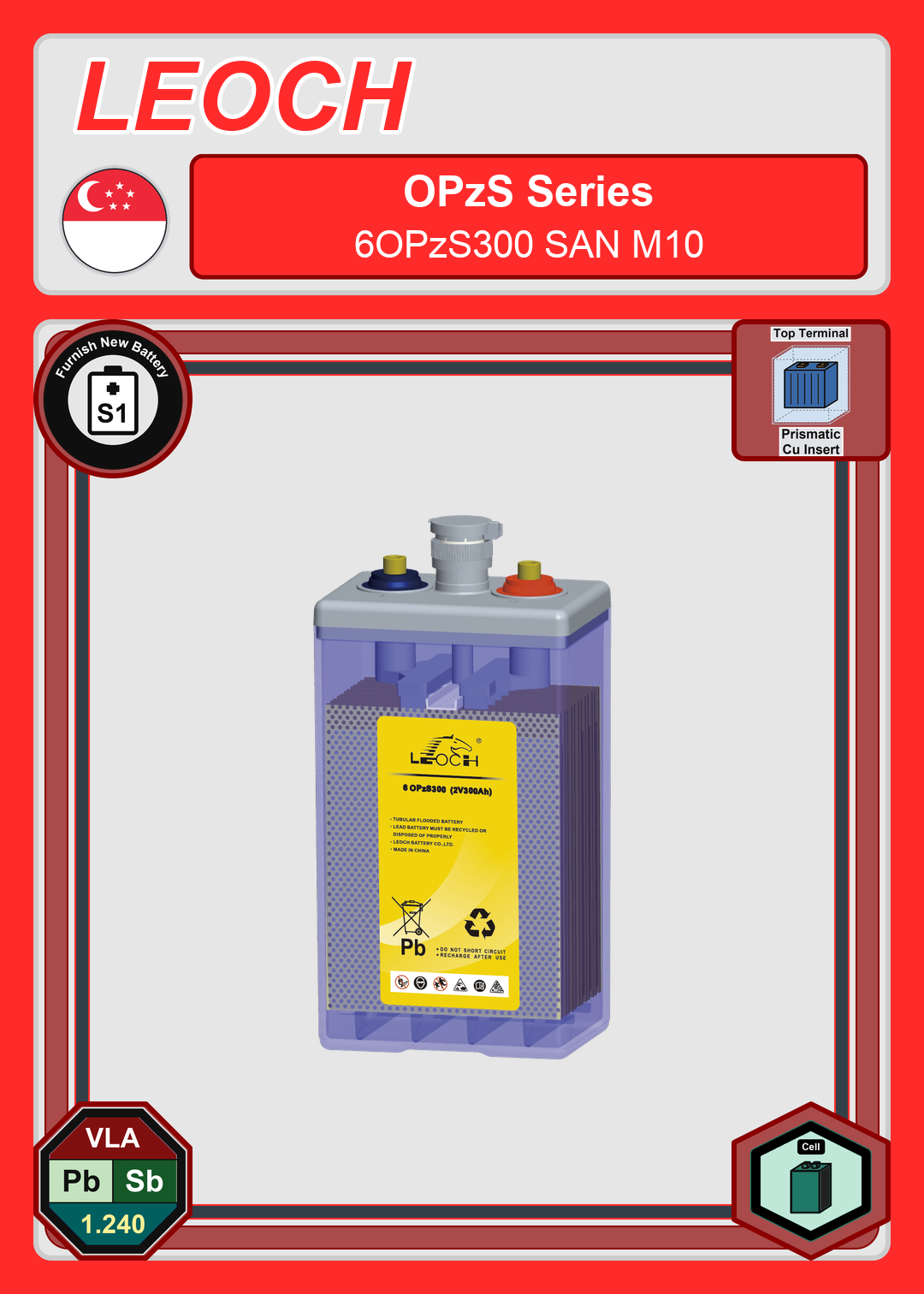 Furnish New Battery Leoch Battery OPzS Series 6OPzS300 SAN M10