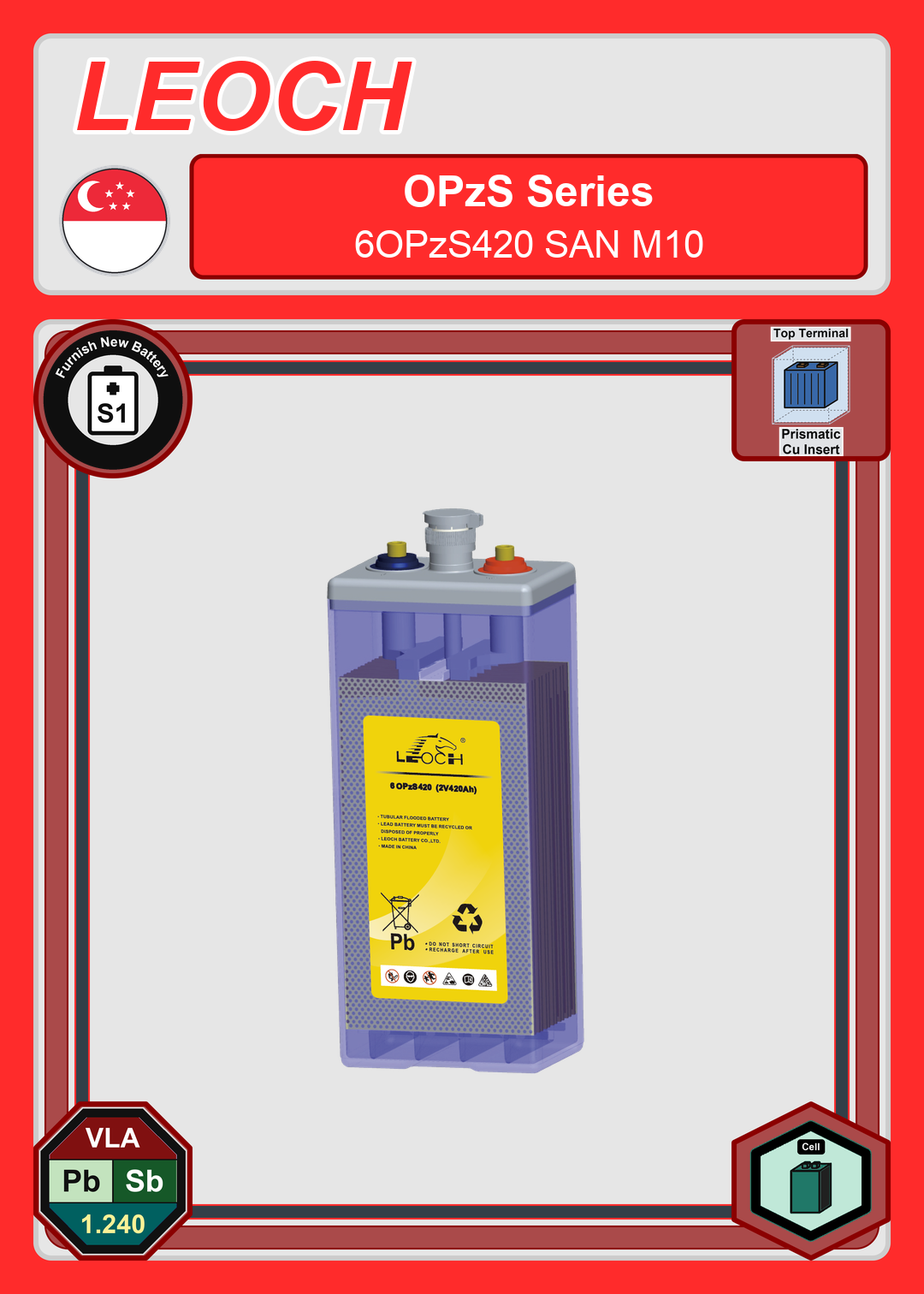 Furnish New Battery Leoch Battery OPzS Series 6OPzS420 SAN M10