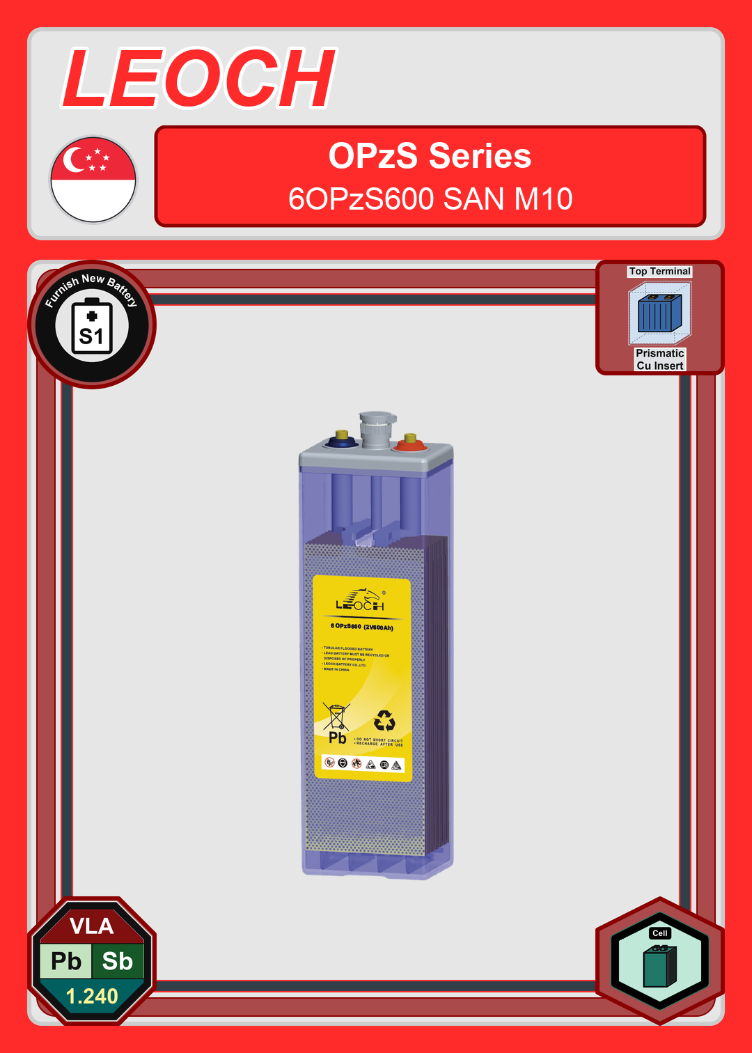 Furnish New Battery Leoch Battery OPzS Series 6OPzS600 SAN M10