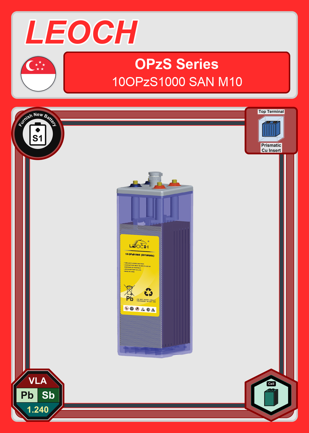Furnish New Battery Leoch Battery OPzS Series 10OPzS1000 SAN M10