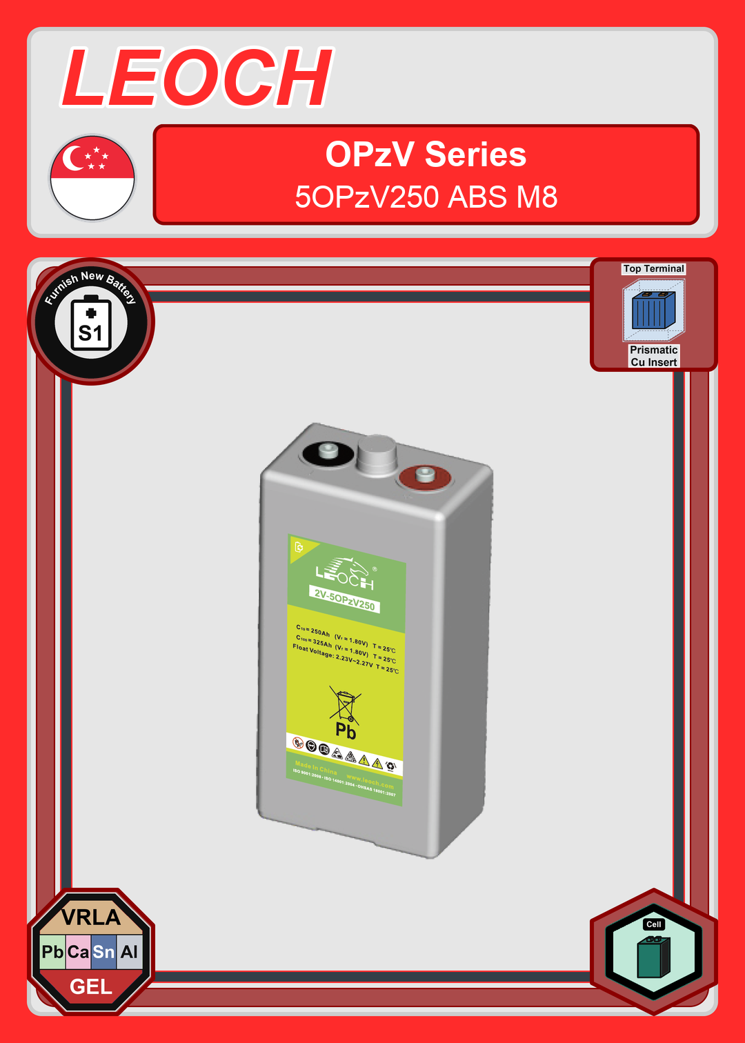 Furnish New Battery Leoch Battery OPzV Series 5OPzV250 ABS M8