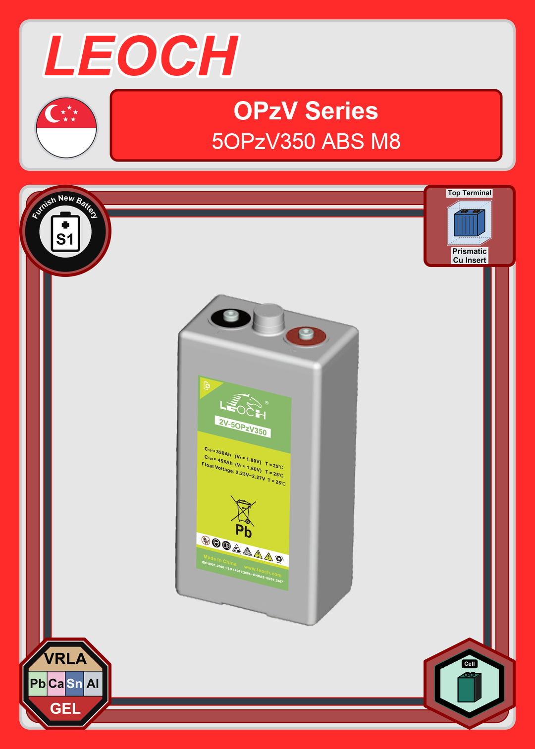 Furnish New Battery Leoch Battery OPzV Series 5OPzV350 ABS M8