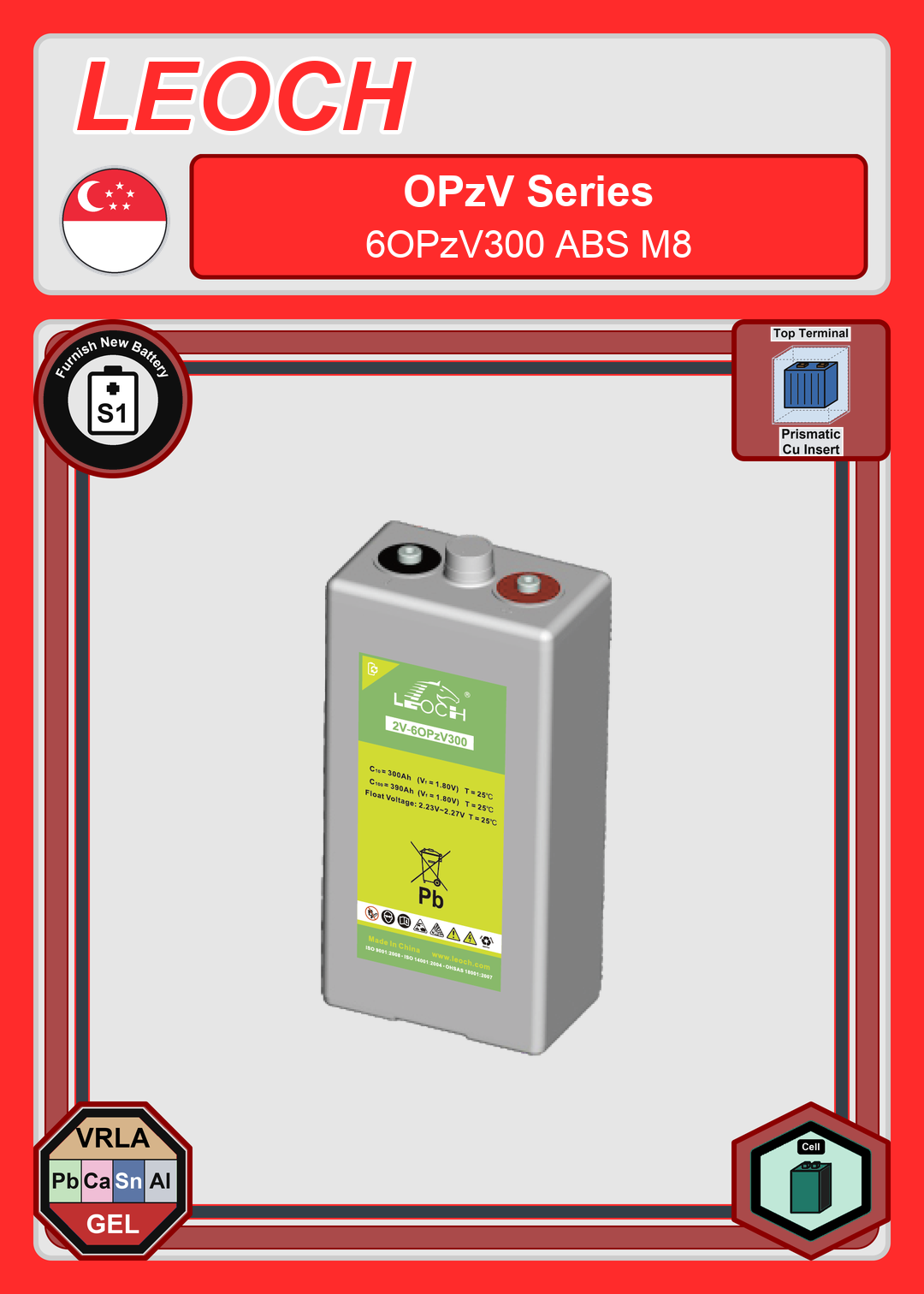 Furnish New Battery Leoch Battery OPzV Series 6OPzV300 ABS M8