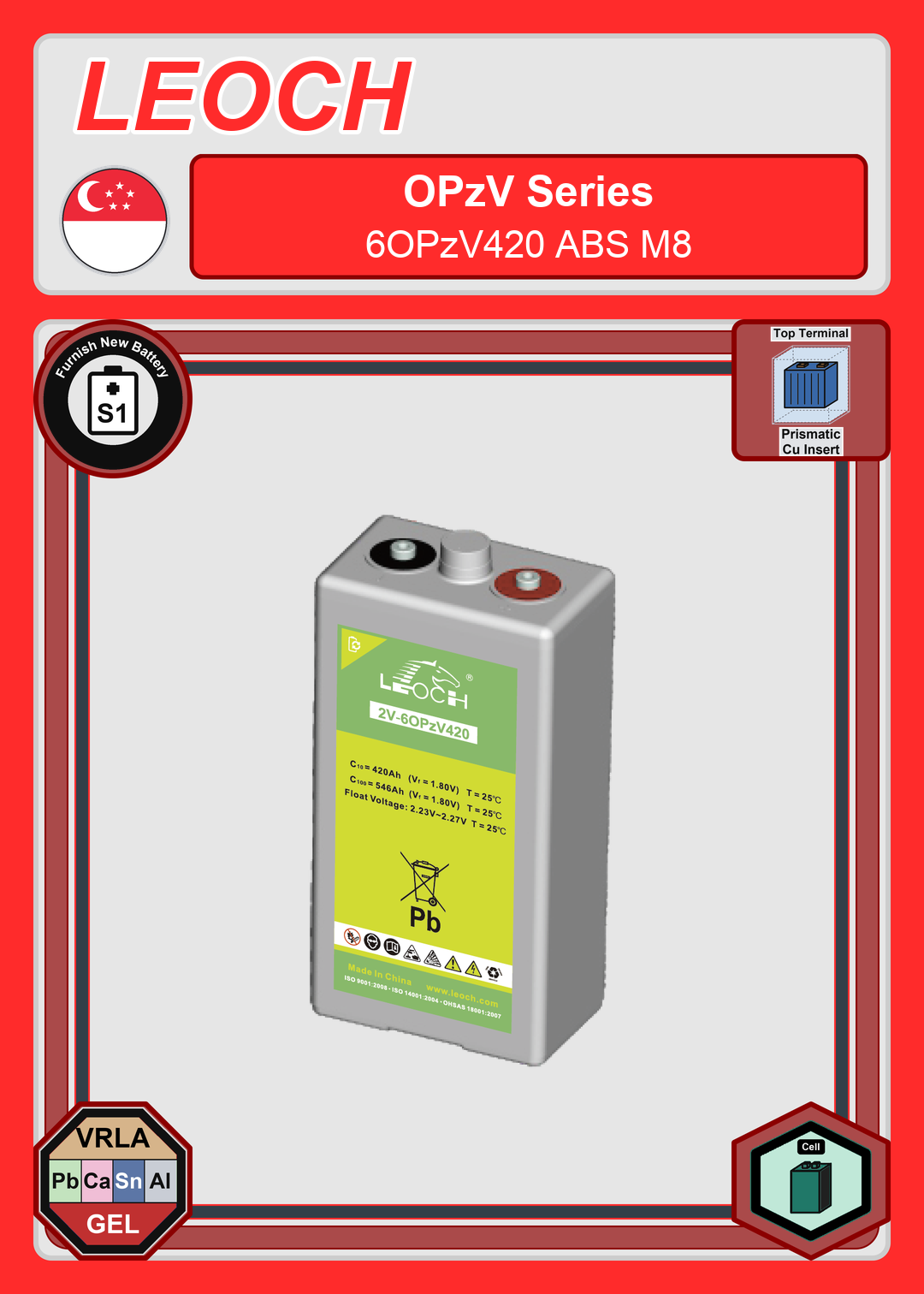 Furnish New Battery Leoch Battery OPzV Series 6OPzV420 ABS M8