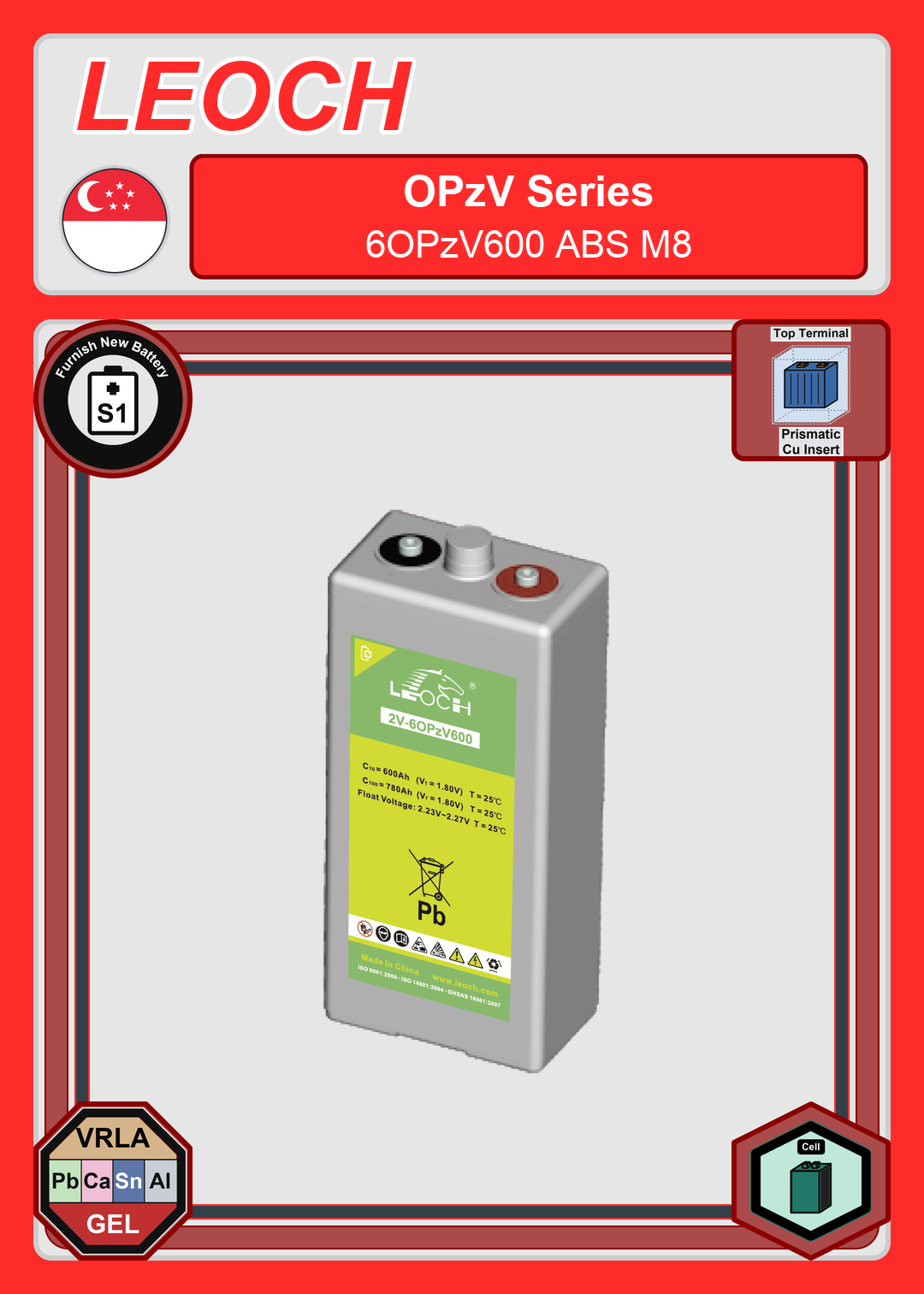 Furnish New Battery Leoch Battery OPzV Series 6OPzV600 ABS M8