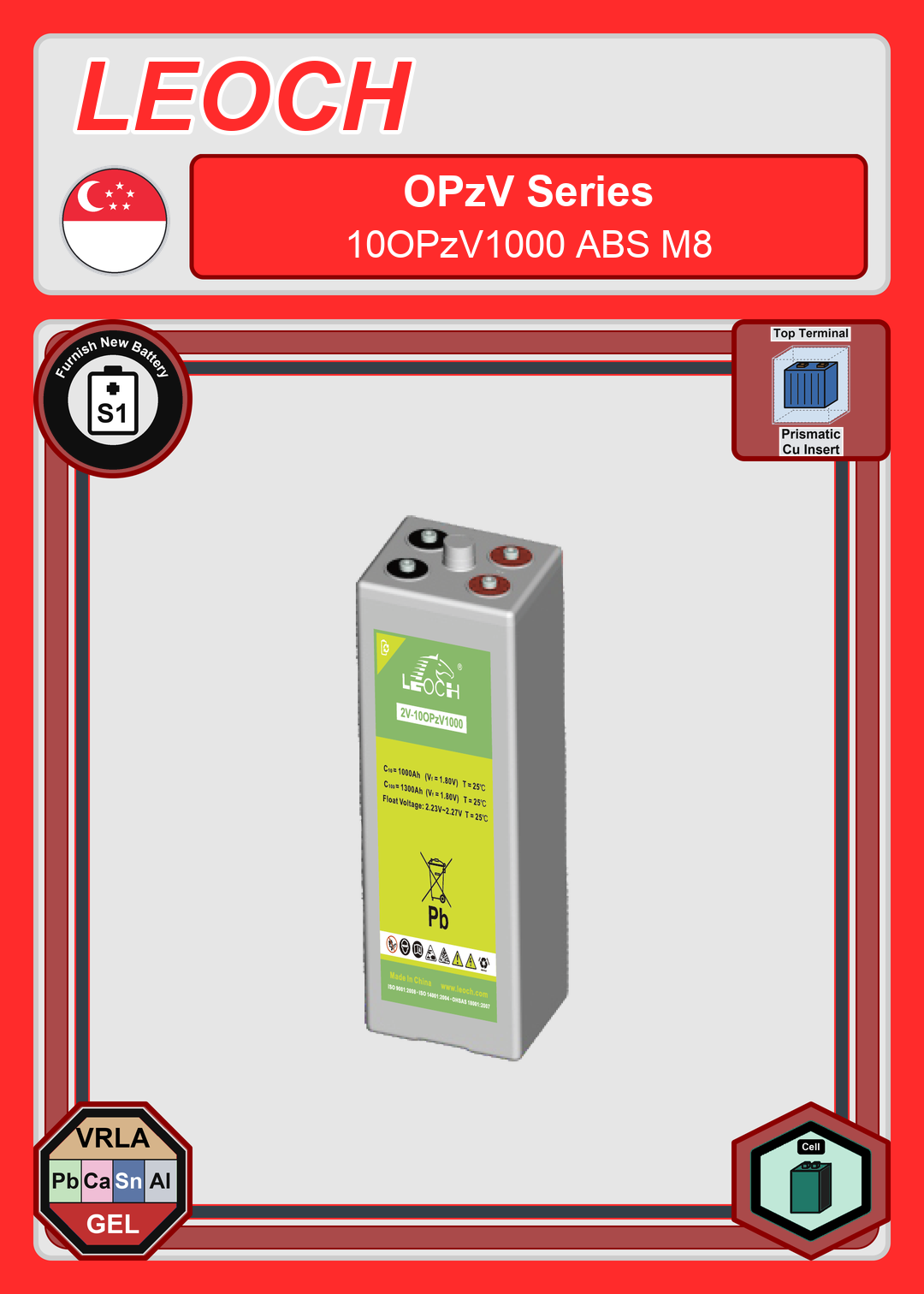 Furnish New Battery Leoch Battery OPzV Series 10OPzV1000 ABS M8