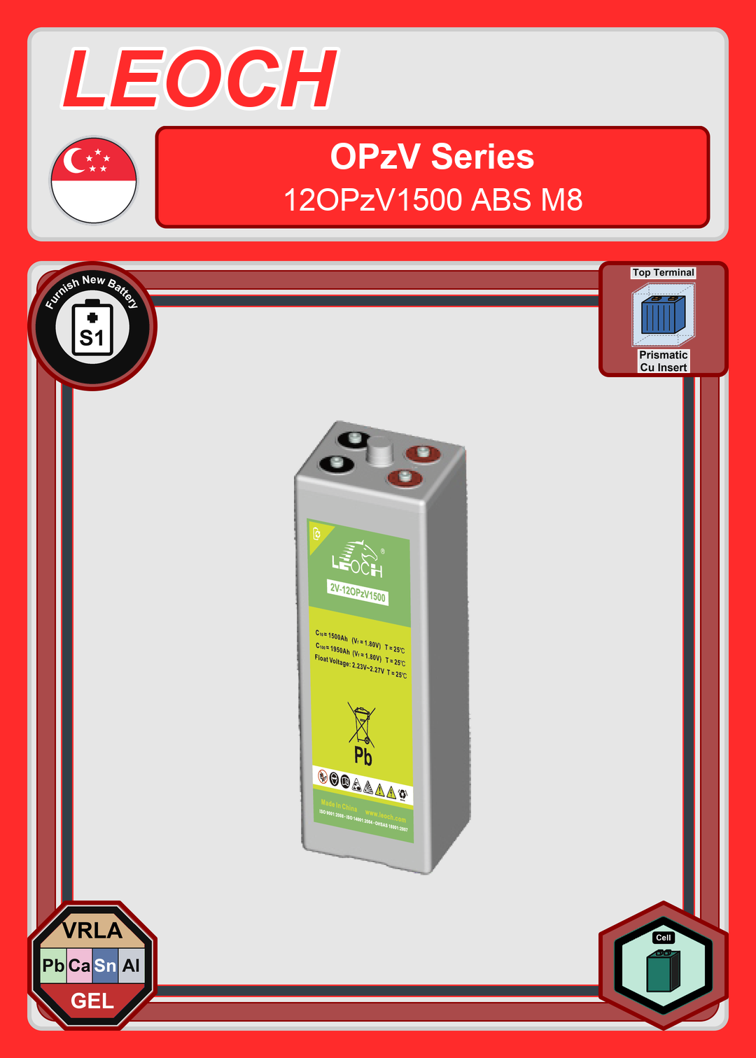 Furnish New Battery Leoch Battery OPzV Series 12OPzV1500 ABS M8