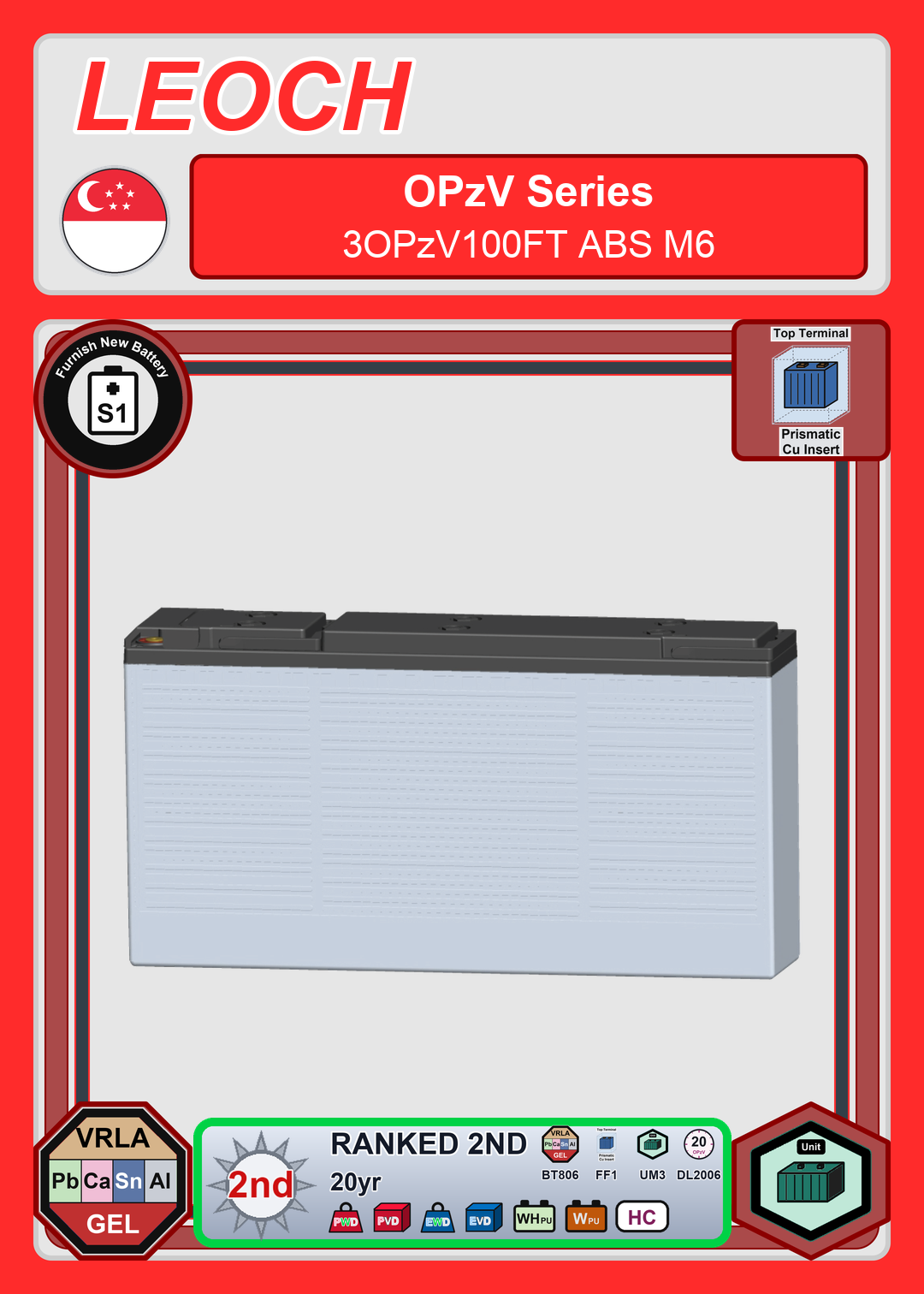 Furnish New Battery Leoch Battery OPzV Series 3OPzV100FT ABS M6