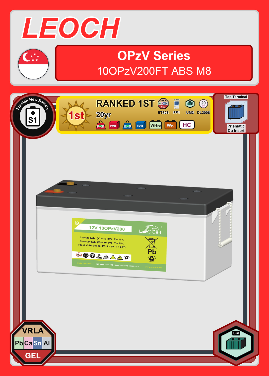 Furnish New Battery Leoch Battery OPzV Series 10OPzV200FT ABS M8